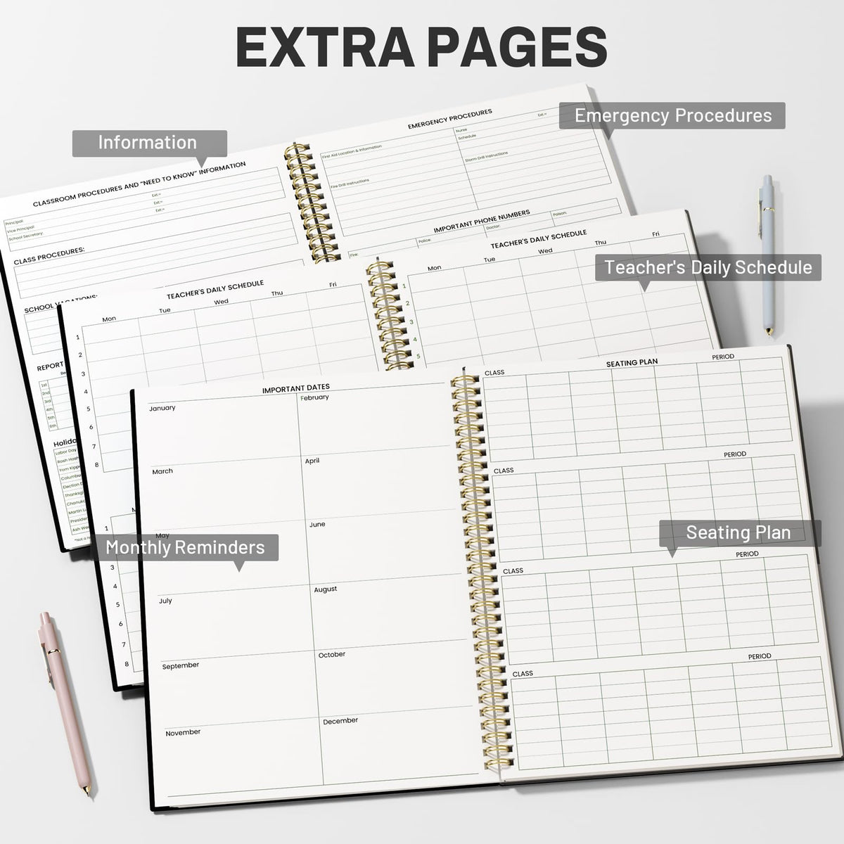 SUNEE Teacher Class Record Book for 9-10 weeks, 36 Names, 8.5x11 Inch, 104 Pages (52 Sheets), 100gsm Thick Paper, Larger Grade Recording up to 36 Students with Water-Resistant Plastic Cover, Black