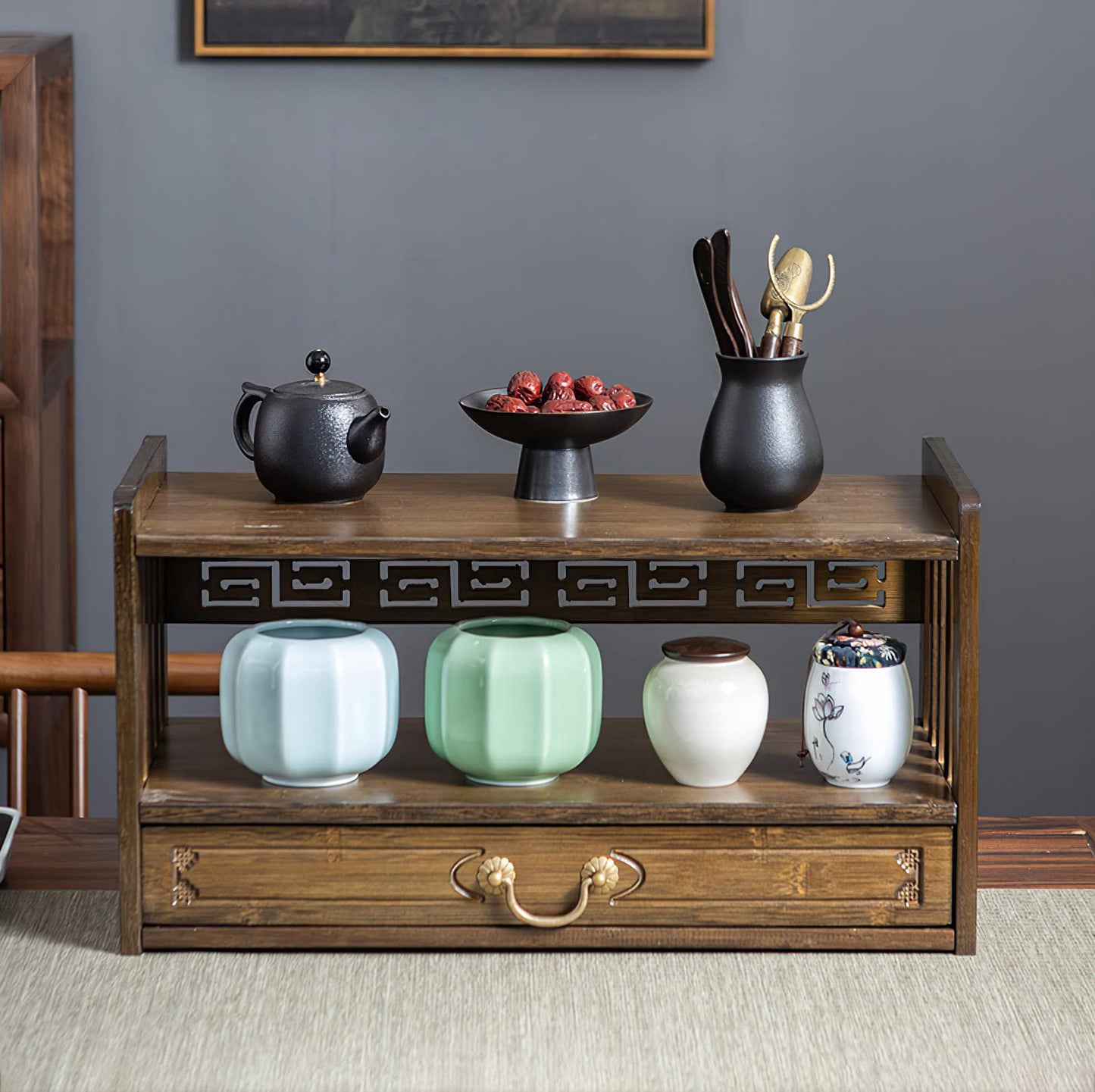 Altar Table with Drawer,Puja Table for Home,Perfect Used for Meditation, Prayers, Divination, Witchcraft, Bamboo Furniture for Displaying Jars, Plants and Books (Walnut Color, 16.5x9.8x11 in)
