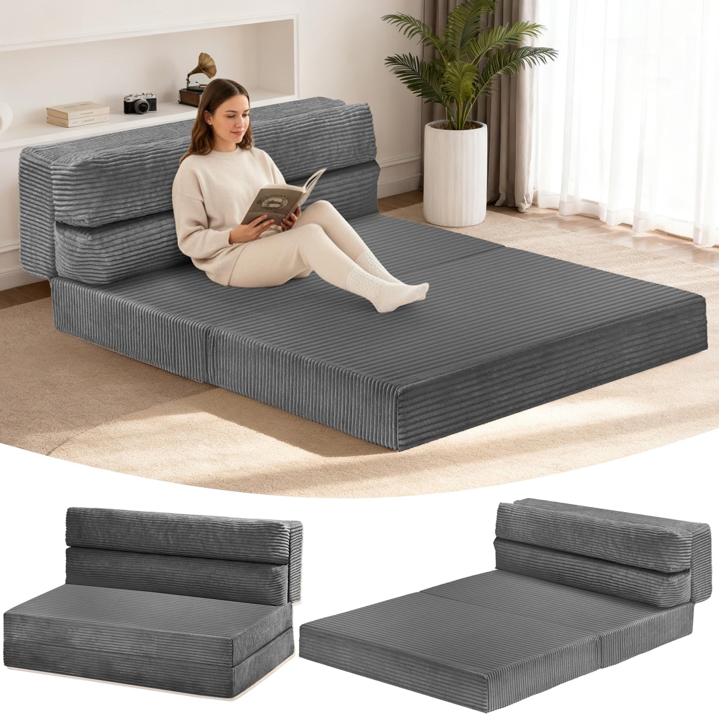feliz home Foldable Mattress Full, 54" Folding Sofa Bed, 3-in-1 Convertible Sofa Bed Floor Couch for Living Room, Guest Room – No Assembly Required