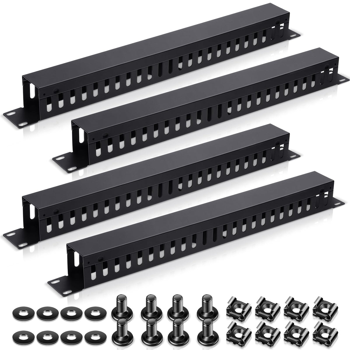 Leinuosen 4 Pcak 1U 19'' Cable Manager 24 Slot Horizontal Rack Mount Wire Management Server Rack Management Metal Finger Duct Wire Organizer with Cover and Mounting Screws for Network Cabinet