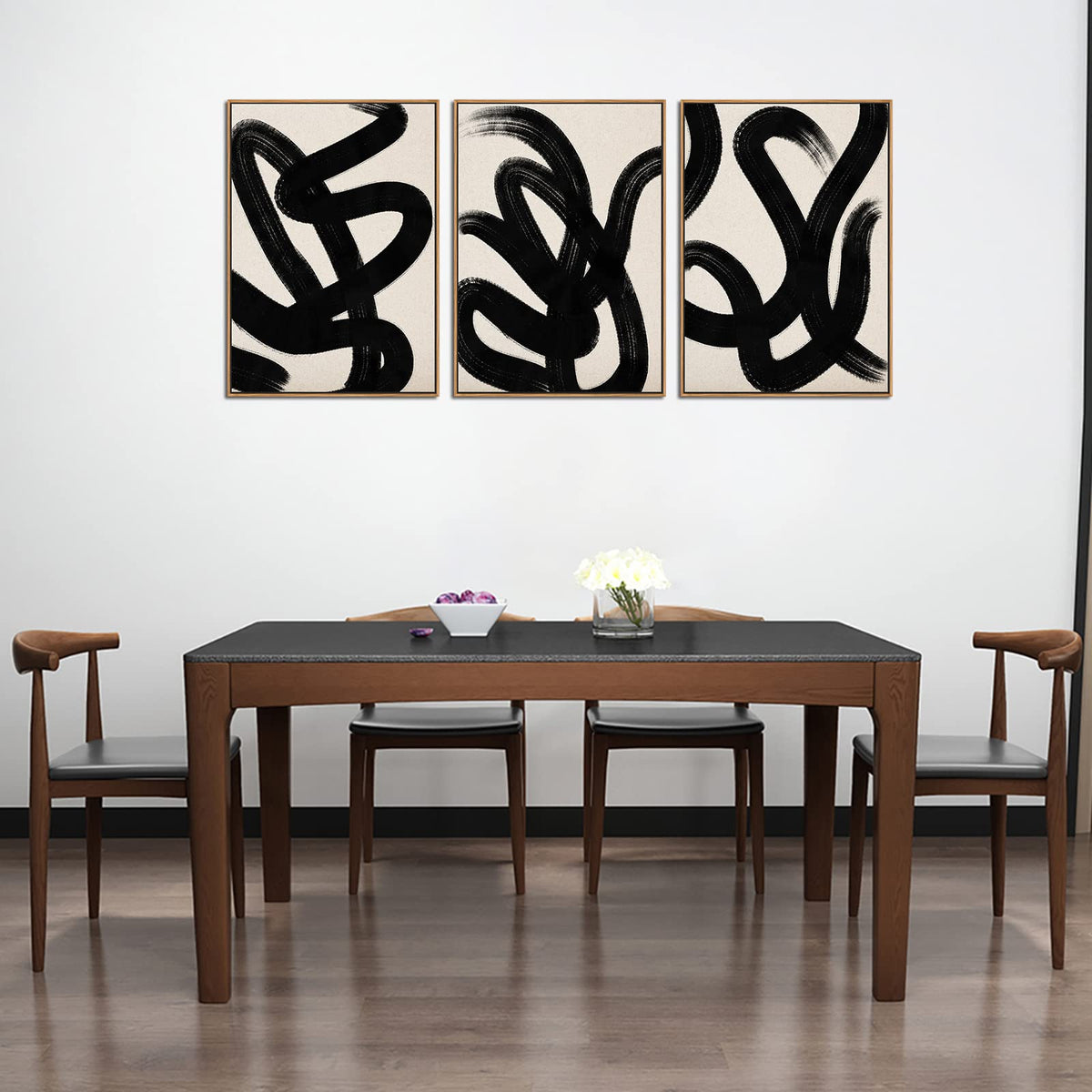 Framed Wall Art Canvas Set Abstract Lines Pictures Modern Mid Century Boho Wall Decor Minimalist Abstract Black Stroke Lines Canvas Painting Artwork Living Room Bedroom Home Office 20"x28"x3 Natural