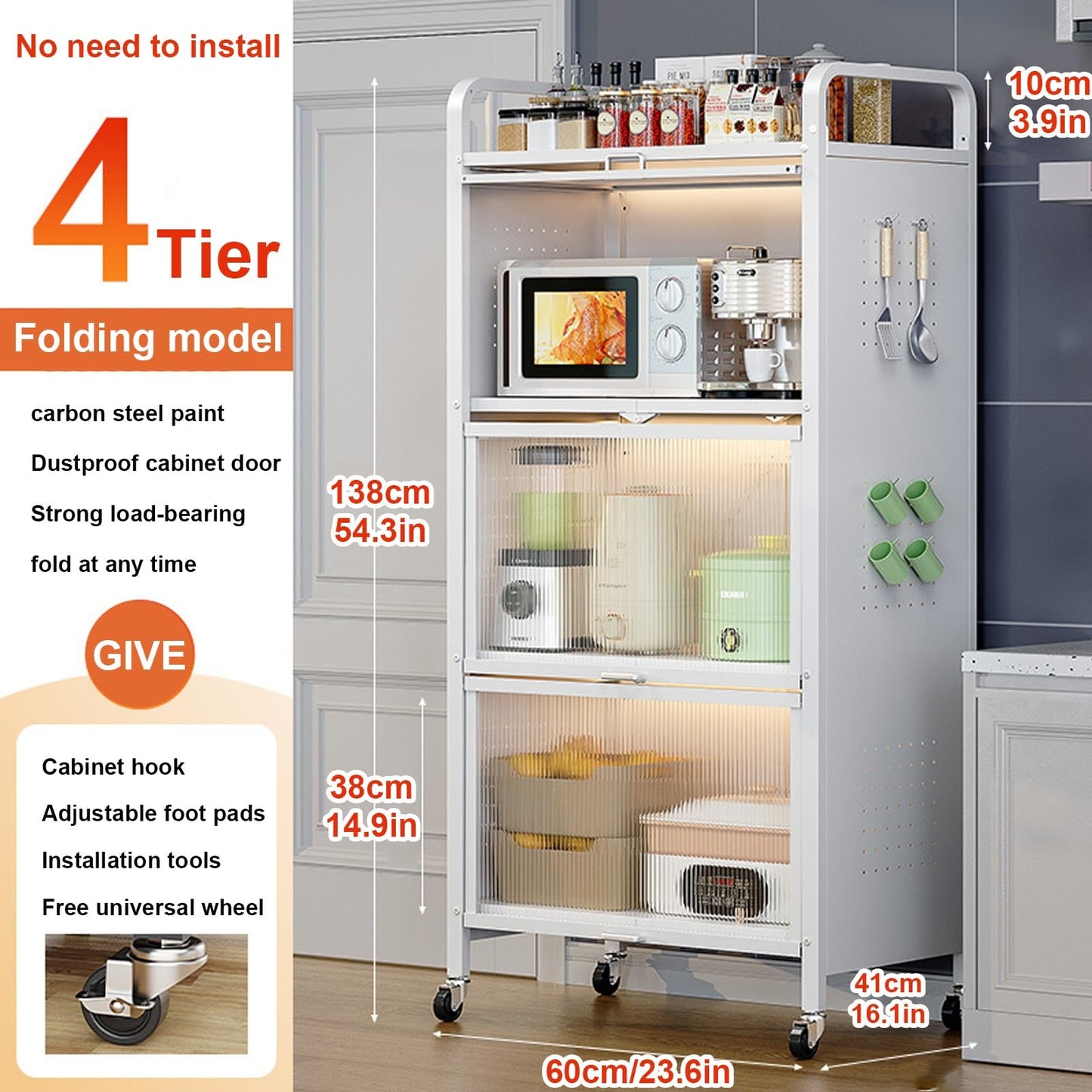 4-Tier Microwave Stand Kitchen Storage Cabinet - White Bakers Rack with Transparent Flip Switch Door, Ideal for Kitchen Hutch, Home Office, Pantry Organization (Size: 60cm/24in)