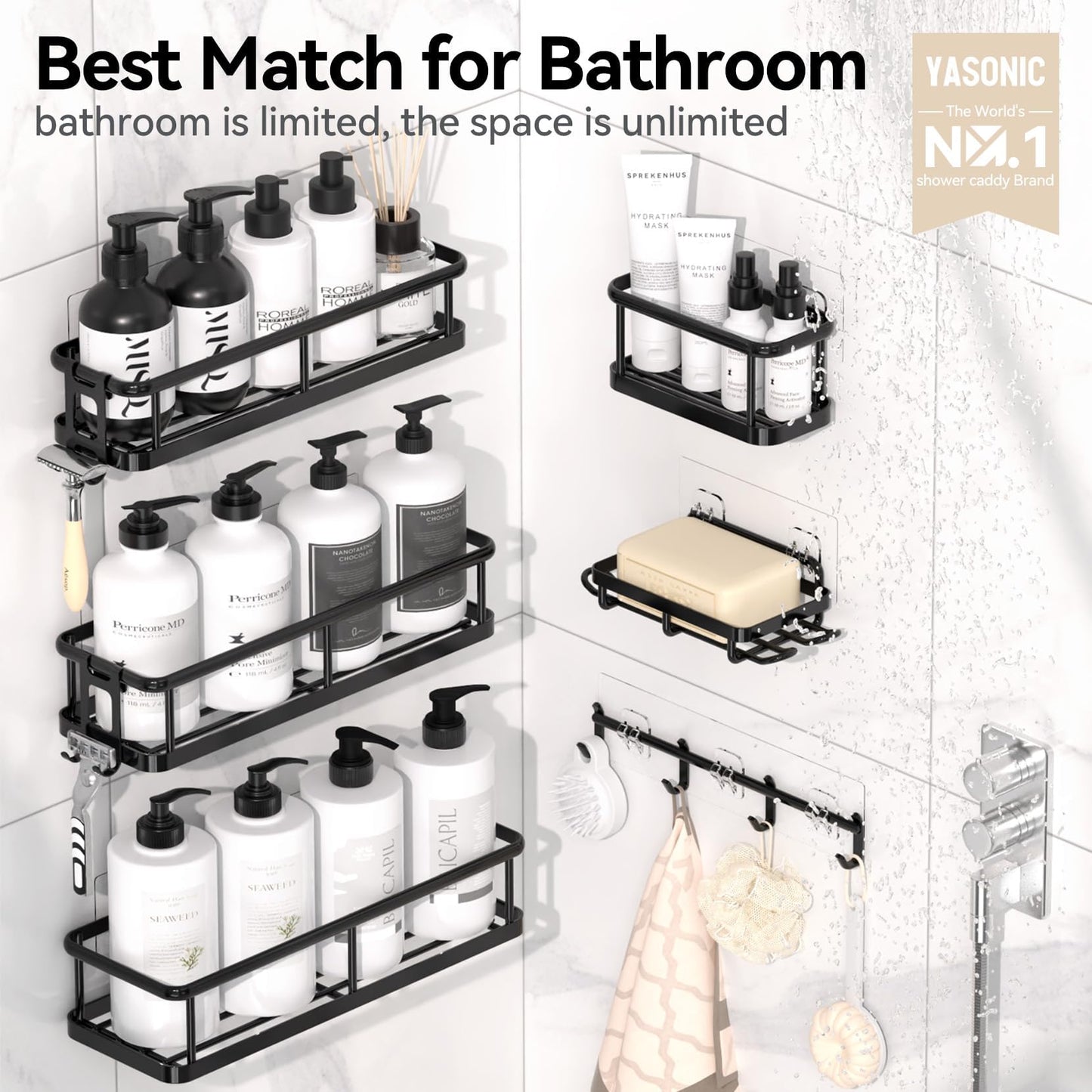 YASONIC Shower Caddy Adhesive, Rustproof Shower Organizer with Soap Holder, Large Capacity Shower Shelves for Inside Shower, No Drilling Bathroom Organizers and Storage for Home Decor 6 Pack Black