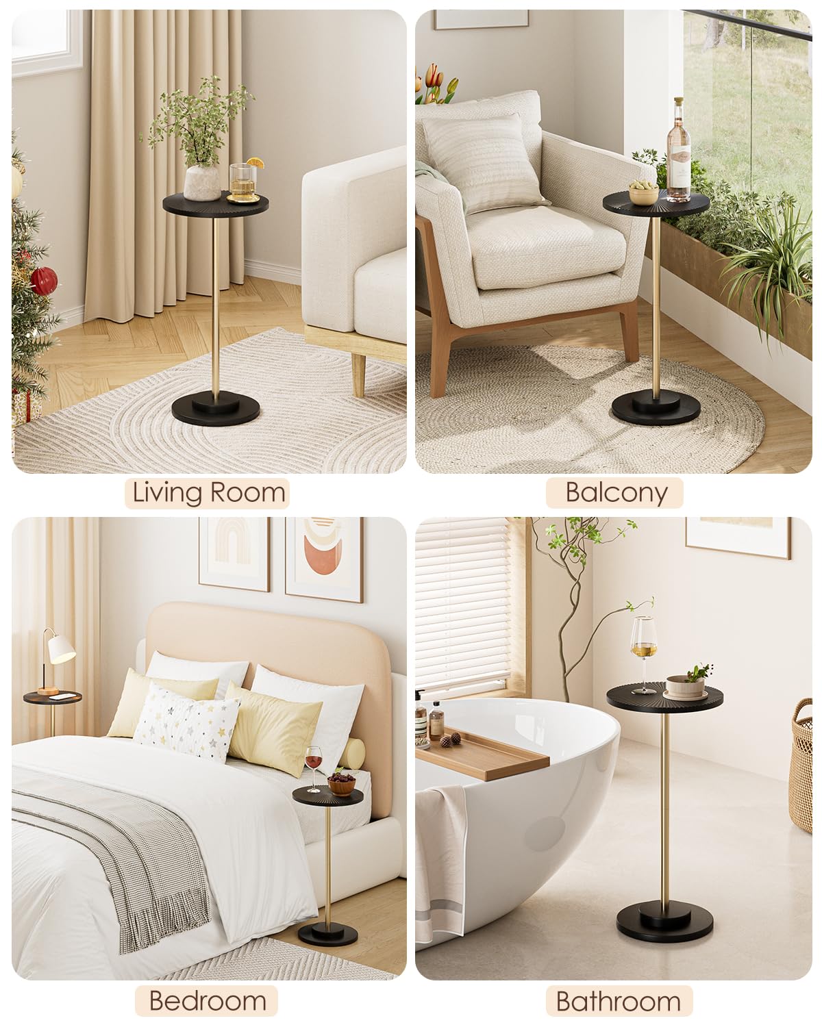 Round Side Table, Small Drink Table for Small Spaces, Modern Accent End Table with Metal Leg for Living Room, Bedroom, Corners, and Office (Black Gold)