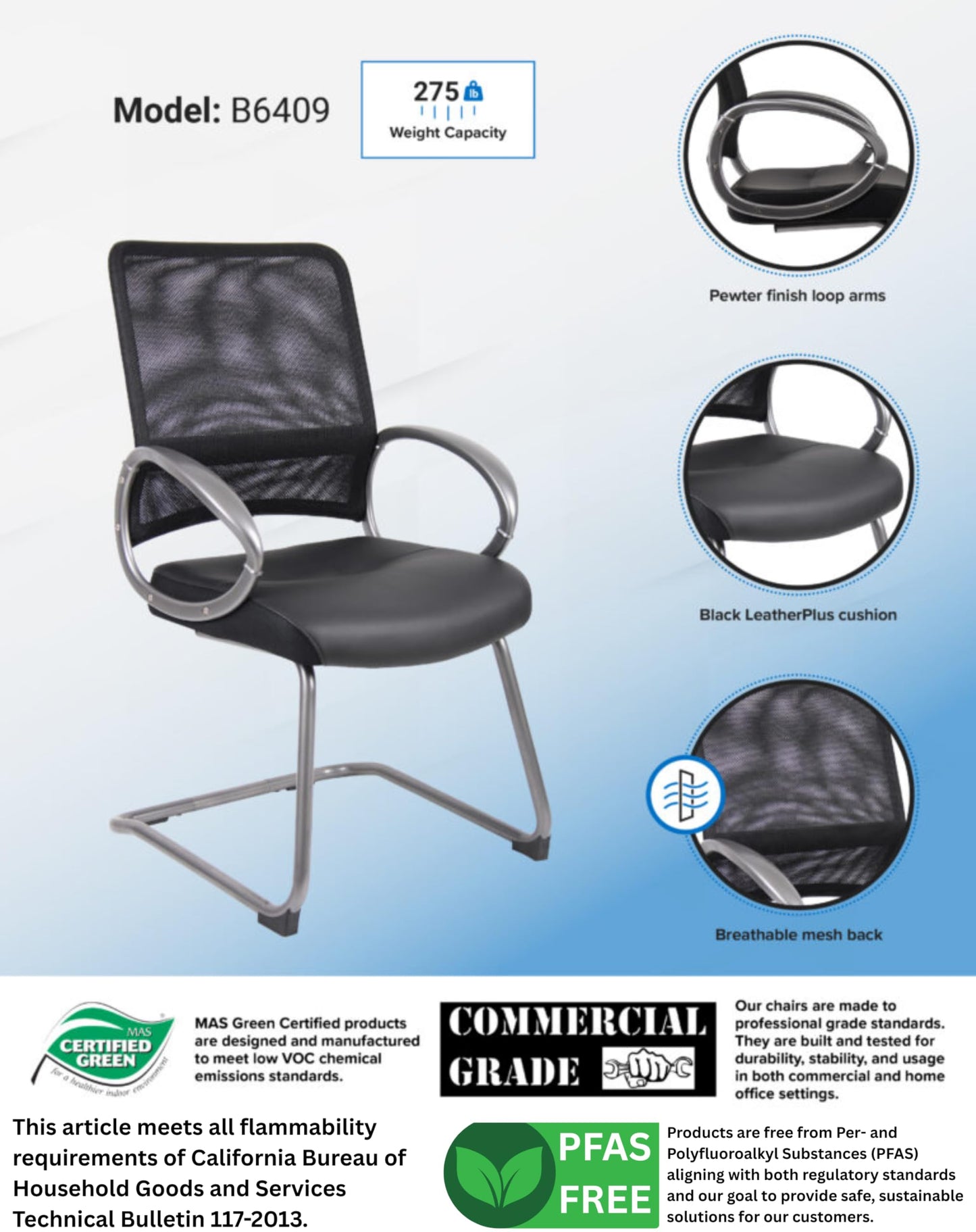Boss Office Products Mesh Back Guest Chair with Pewter Finish in Black, 250 lb.