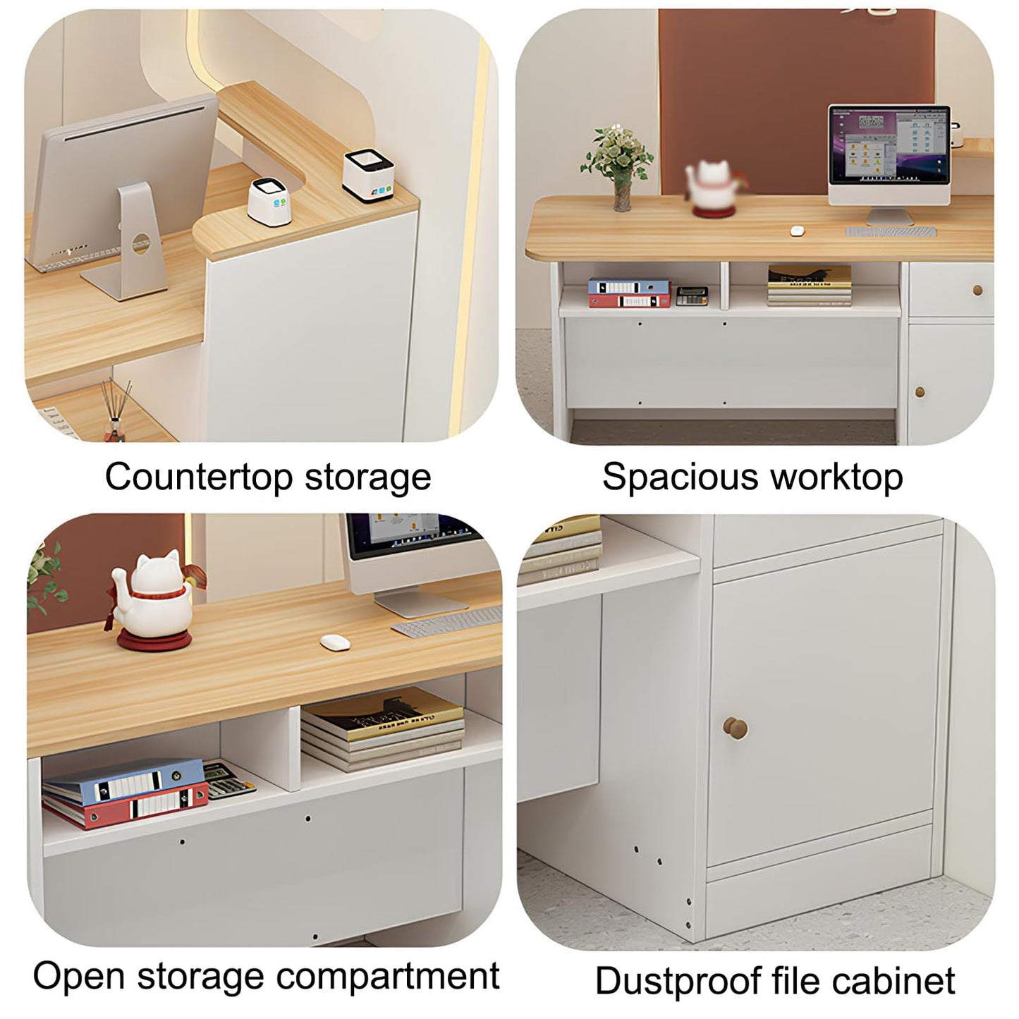 L Shaped Reception Desk - Modern Wooden Checkout Counter with Open Shelves and Drawers for Office, Hotel, Store, or Beauty Salon