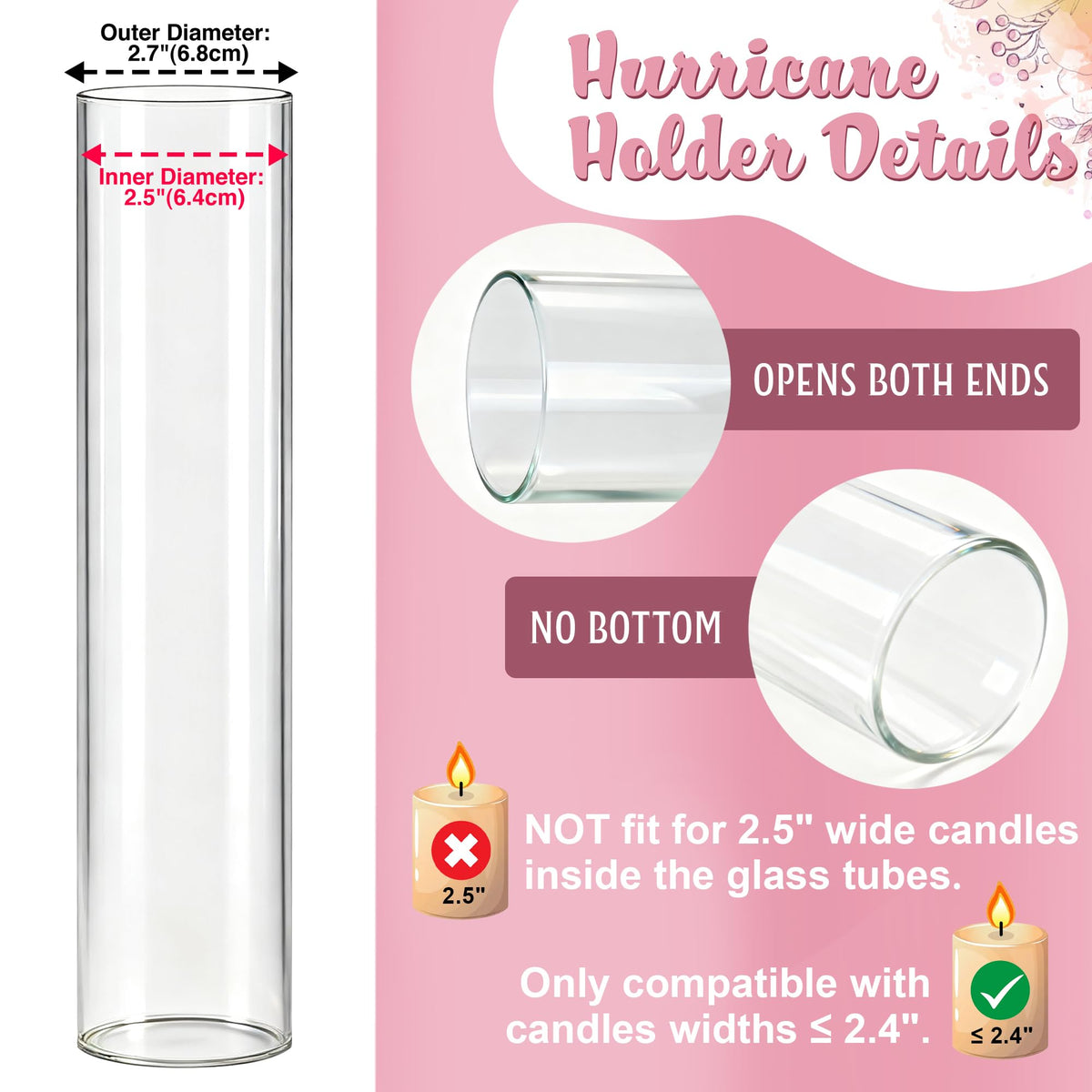 12 Set Glass Hurricane Candle Holders - 12" Tall Clear Glass Candlestick Holders for Taper Candles with Cylinder Chimney for Wedding, Party, and Home Table Centerpiece Decoration