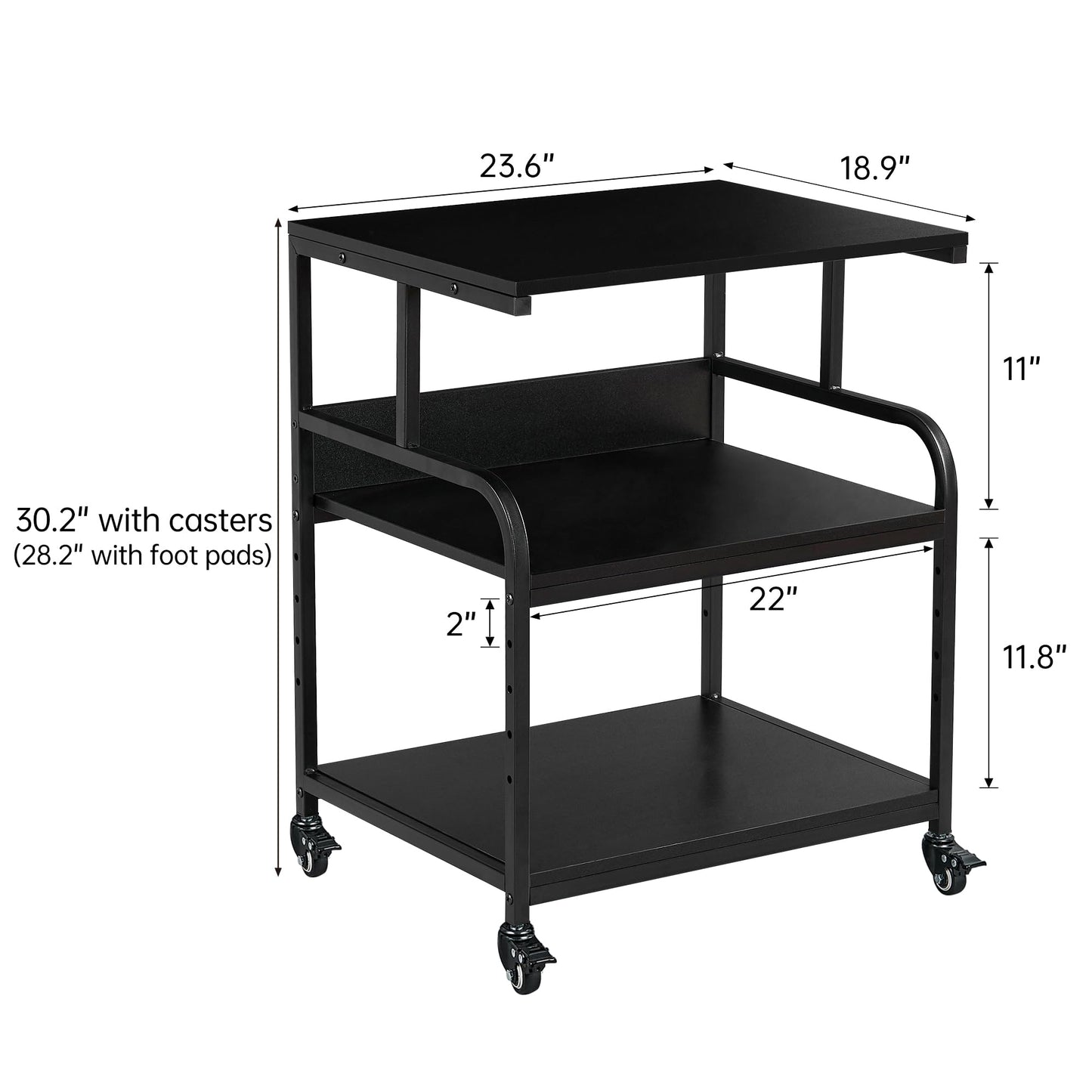 Fannova Printer Stand, 23.6 x18.9 x 30 Inches Large Printer Table with Adjustable Storage Shelf, 3 Tier Rolling Printer Cart with Wheels for Home Office, Stand for Heat Press Mini Fridge, Black