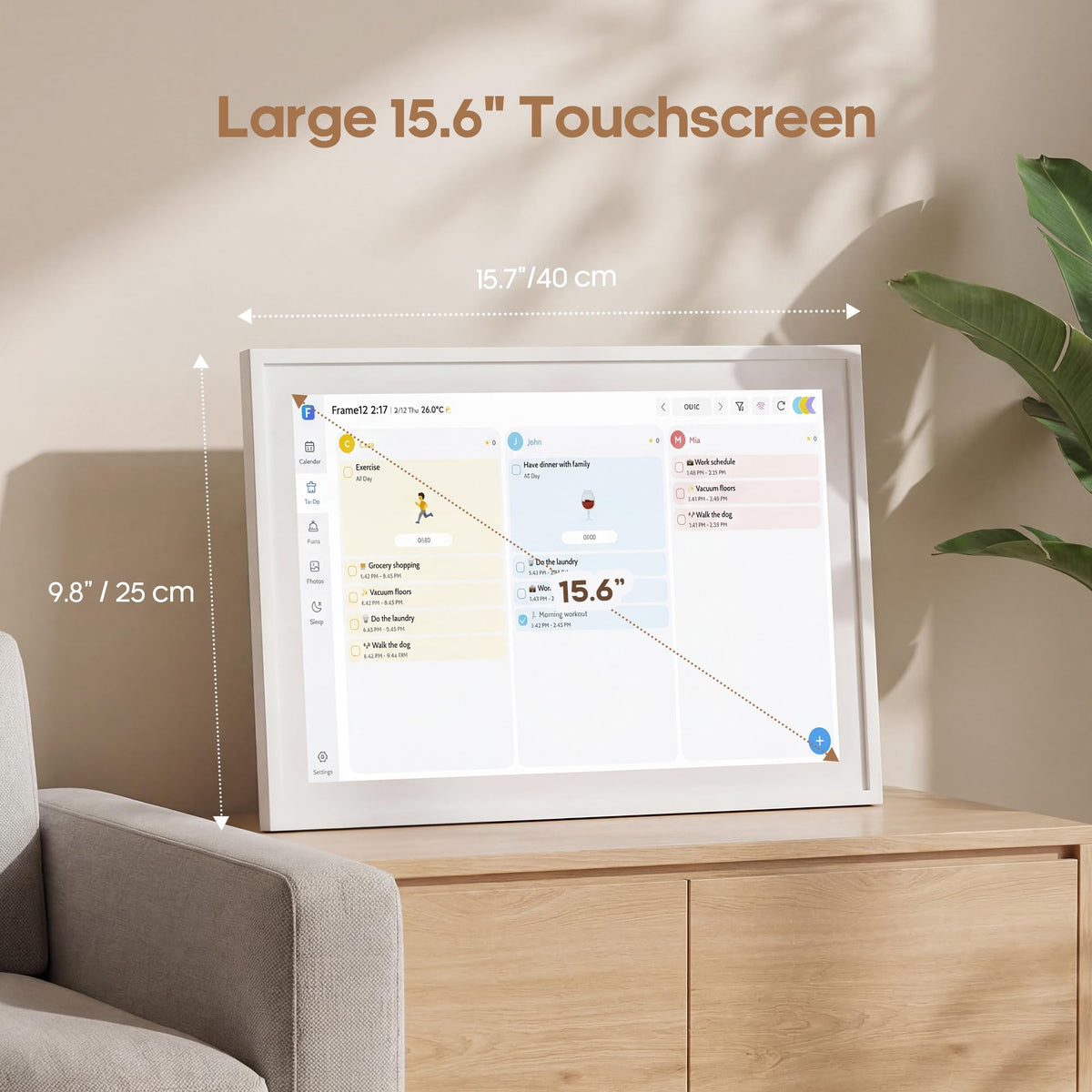 Fenbeli 15.6 Inch Smart Digital Calendar & Family Wall Planner, No Subscription, 6-App Two-Way Sync, Chore Chart Meal Planner Photo Frame, Full HD IPS Touchscreen 32GB, Desk & Wall Mount