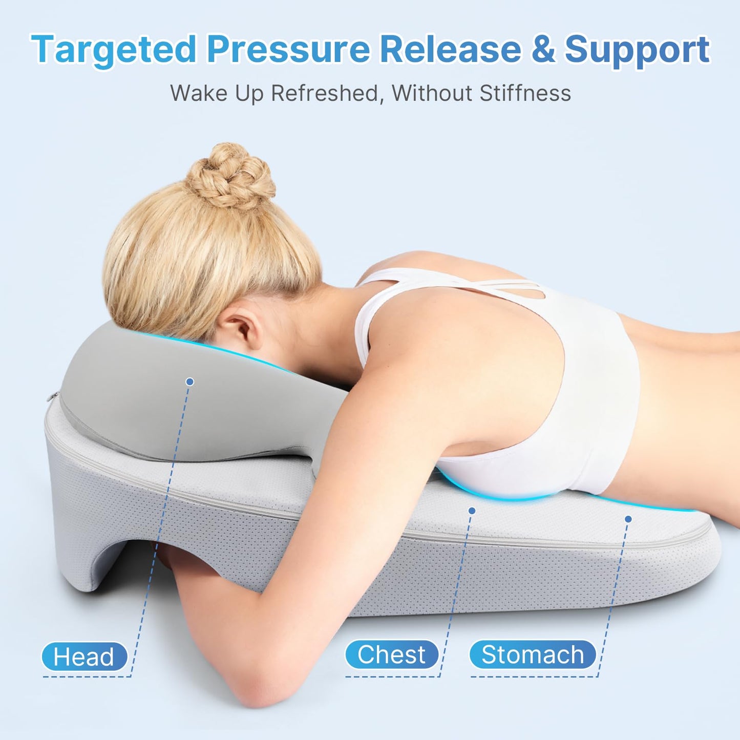 Eye Face Down Pillow Set for Sleeping, BBL, Retinal Surgery Recovery, Soft U-Shaped Memory Foam Stomach Sleeping Prone Pillow with Adjustable Loop for Personalized Comfort, Home Massage Pillows, Grey