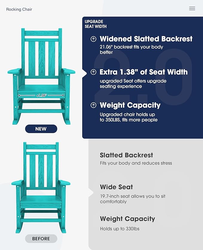 KINGYES Oversized Outdoor Rocking Chair, All-Weather Patio Rocking Chairs