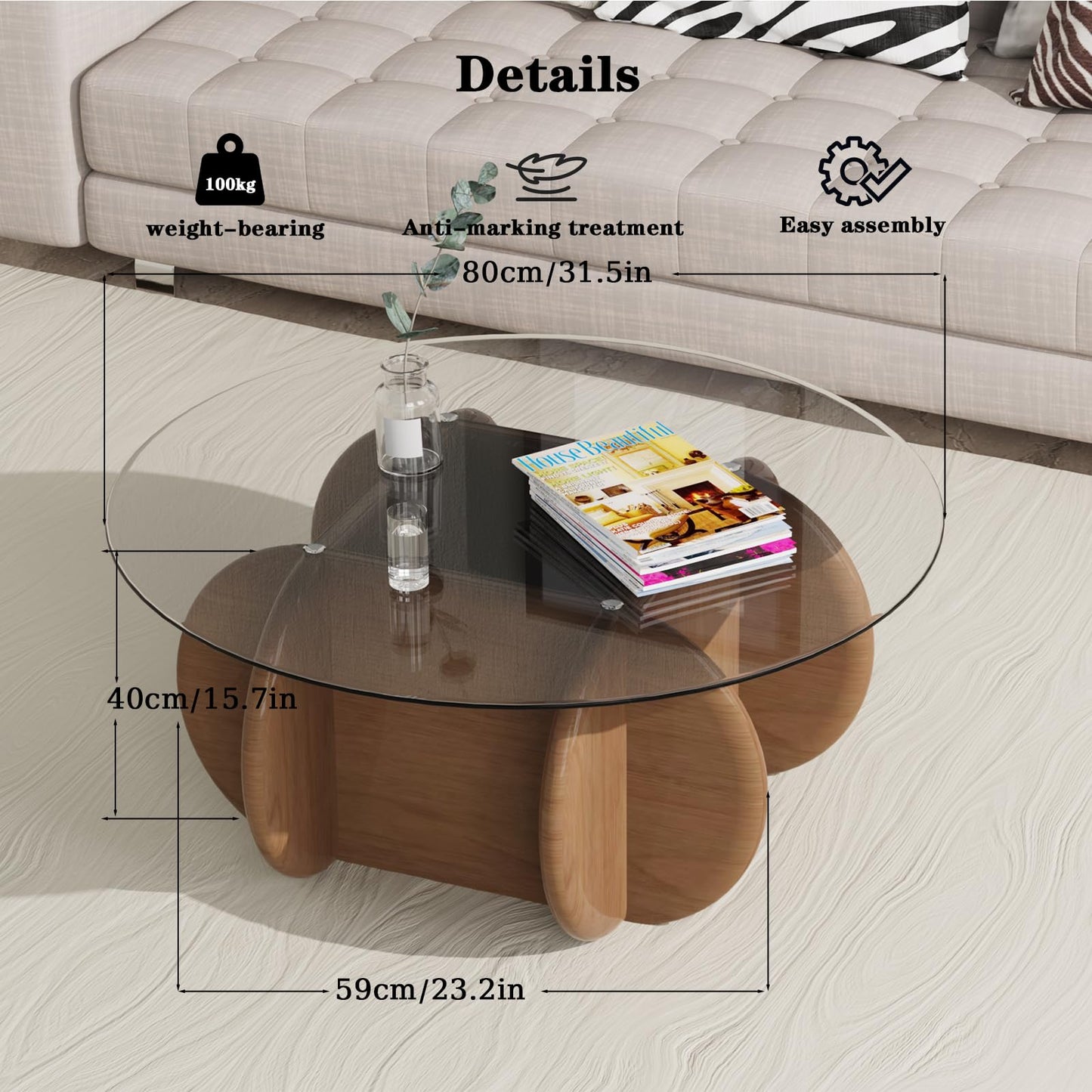 TATBTCT Transparent Round Glass Coffee Tables Noguchi Elegant Round Coffee Table with Solid Wood Legs and Tempered Glass Tabletop for Living Room Home Small Space Reception Office Tables 31.5"