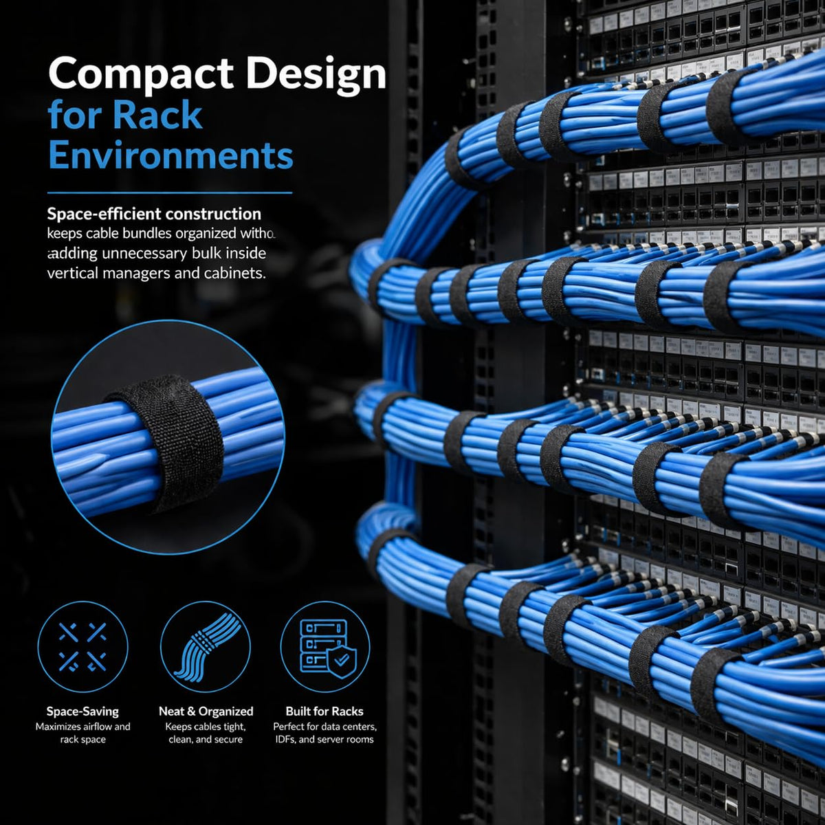 10 Self-gripping Rolls Designed for IDF, Server Racks & Data Centers | Structured Cabling | Cable Wrap for Fiber Optic Cable and Tenecom Cable System Installs (Blue)