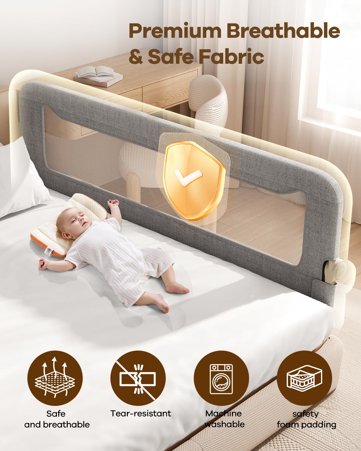GrowthFun Foldable Bed Rail for Toddlers, 71in Reinforced Carbon Steel Frame&Connectors, Breathable Cationic Fabric - Safety Toddler Bed Rails for Queen, King, Twin, Full, No-Tool Setup.