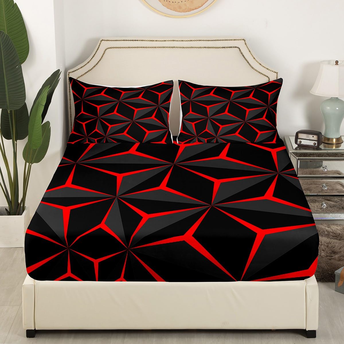 Feelyou Neon Honeycomb Sheet Set Twin Size,Geometric Stereoscopic Theme Teens Boys Bedding Set,Adults Bedroom Decoration 3D Red Print Fitted Sheet All Season