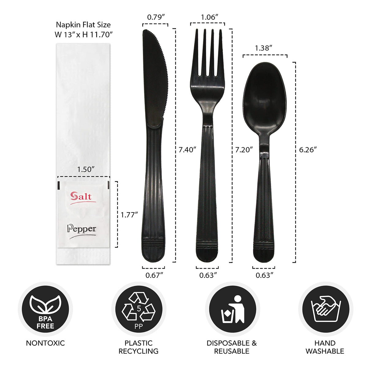 Party Essentials Individually Wrapped Plastic Cutlery Kits/Packets, Includes Heavy Duty Black Fork/Spoon/Knife/Napkin/Salt/Pepper, 250 Sets