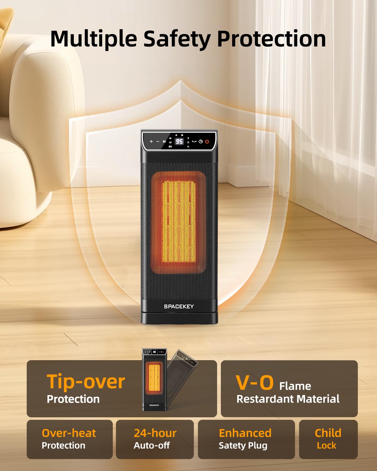 Space Heater, Electric Heaters for Indoor Use with Thermostat, Remote, 1-12H Timer, 70°Oscillation and Overheat Protection, 1500W PTC Ceramic Fast Safety Heat, Portable Heater for Office (Black)