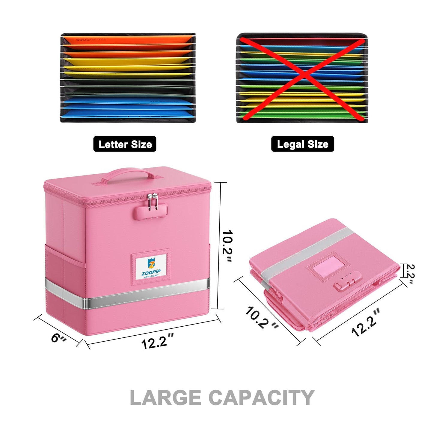ZOOPIP Fireproof File Box with Lock, Document Box Storage Organizer, Suitable for Hanging File Folders in Letter Size, Collapsible File Box, Reflective Strip for Fast Find (12.2"*6"*10.2, Pink)