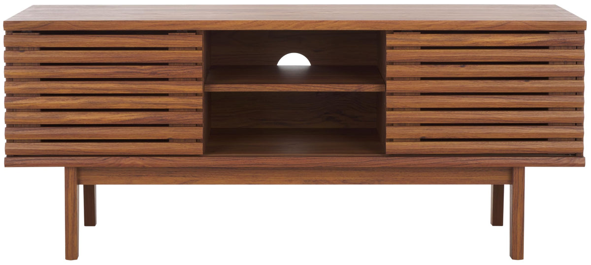 SAFAVIEH Aricia TV Stand for up to 55" Flatscreen – Walnut, 2 Sliding Doors with Interior Storage, 1 Open Shelf, Entertainment Media Console (MED9632A)