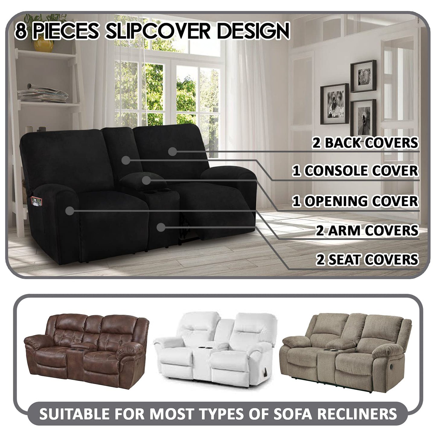 ULTICOR Reclining Loveseat with Middle Console Slipcover, 8-Piece Velvet Stretch Loveseat Reclining Sofa Covers, 2 Thick, Soft, Washable, Covers ONLY (Black)