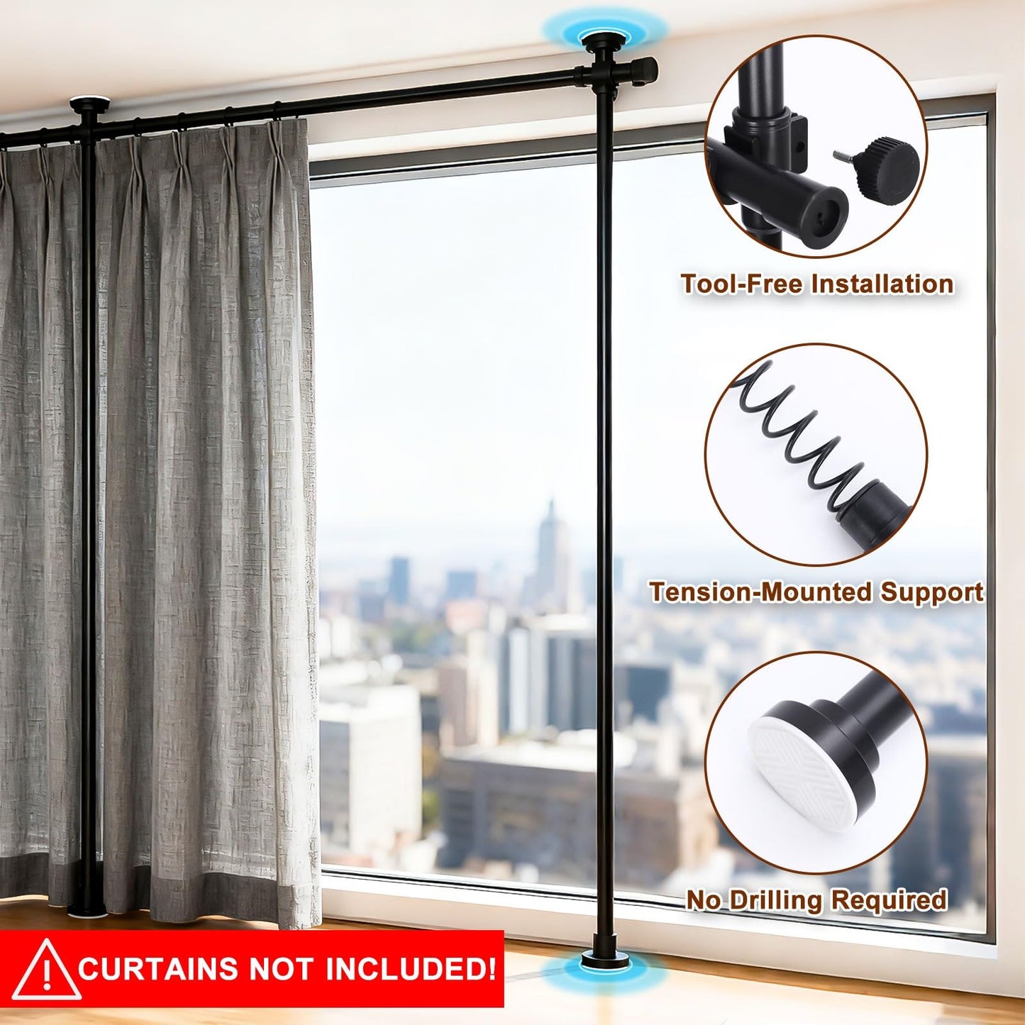 Fazlino Room Divider No Drilling, 28-140 Inch Wide Adjustable Curtain Rod, 4-10ft Height Heavy Duty Partition Space Separator, Freestanding Tension Rod for Room Separation, Black