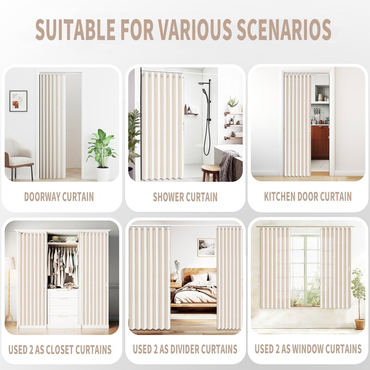 Vatge Closet Curtains, Accordion Style Door Curtains for Doorways, Pleated Folding Doors Curtain for Closet and Room Divider, 1 Panel, W39 x L78, Beige