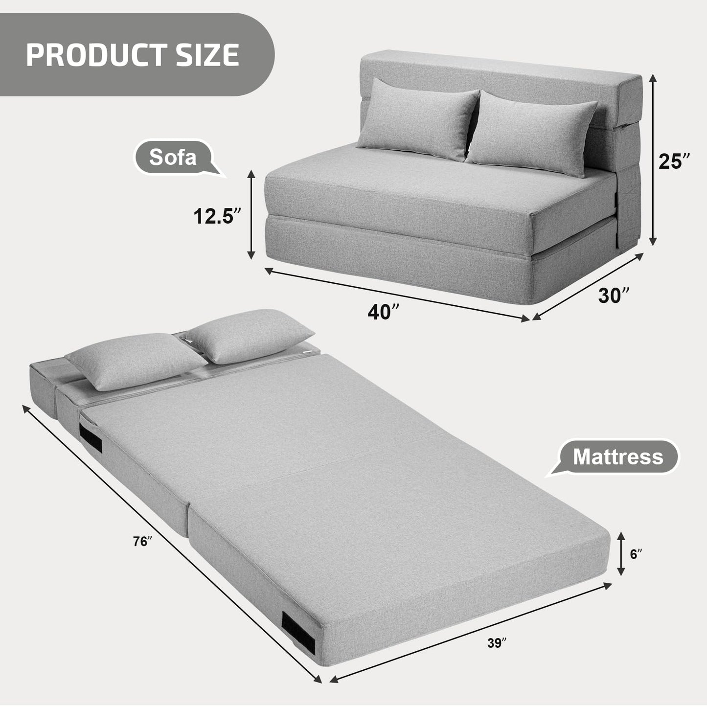 SUYOLS Folding Sofa Bed with Pillows- Convertible Chair Floor Couch & Sleeping Mattress, Foldable Memory Foam Sleeper for Living Room/Dorm/Guest Room/Home Office/Apartment/Loft, Twin, Light Gray