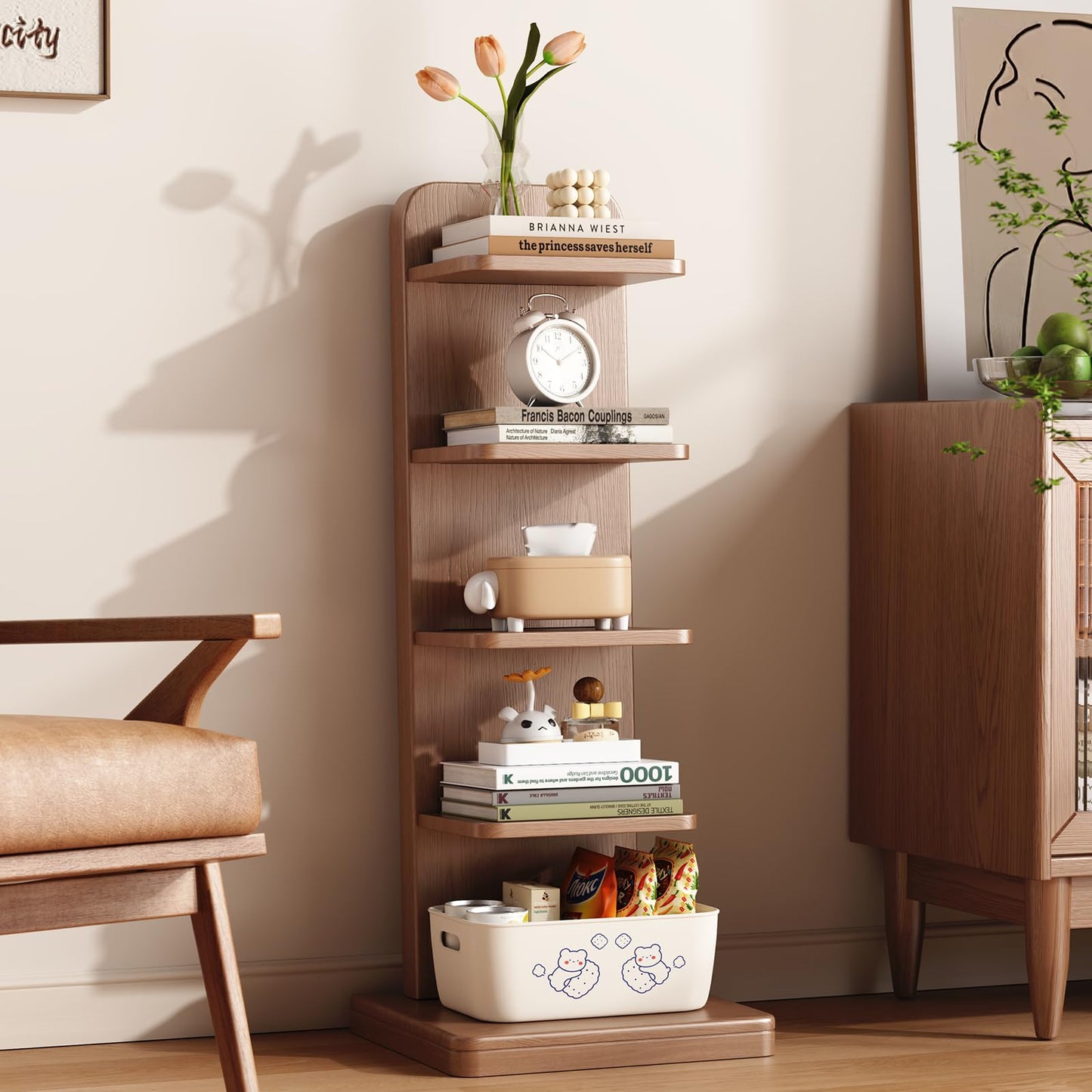 WoodsWhisper Solid Wood 5-Tier Narrow Bookshelf Small Spaces Open Storage