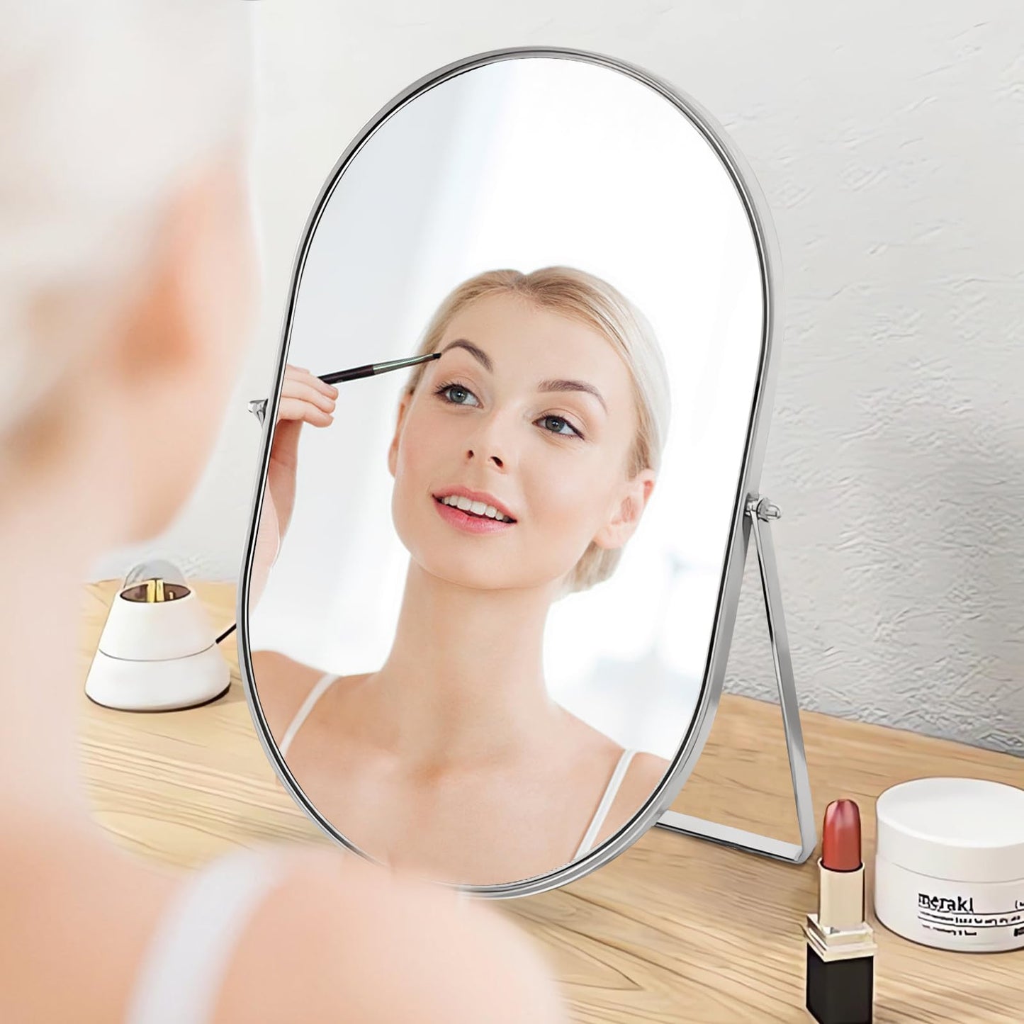 Numjeg Vanity Makeup Mirror for Desk with Metal Stand Tabletop Mount Makeup Oval Mirrors 90°Adjustable Rotation Portable Cosmetic Mirror for Travel Bedroom,Office, Dresser,Countertop
