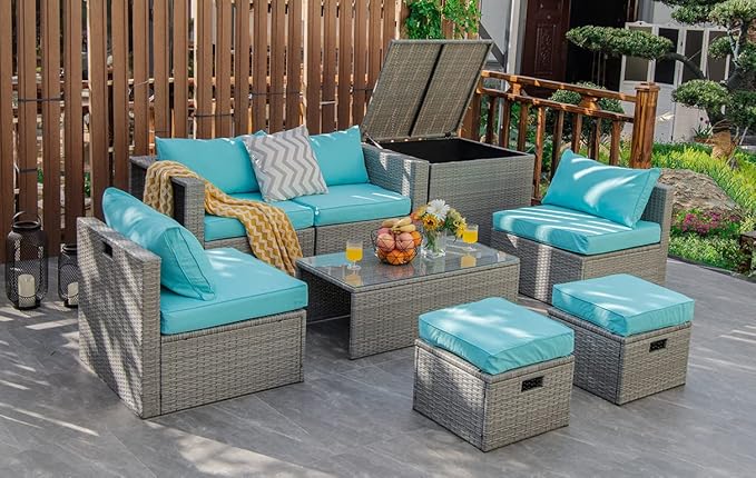 Tangkula 8 Piece Patio Wicker Furniture Set, Patiojoy Space Saving Outdoor PE