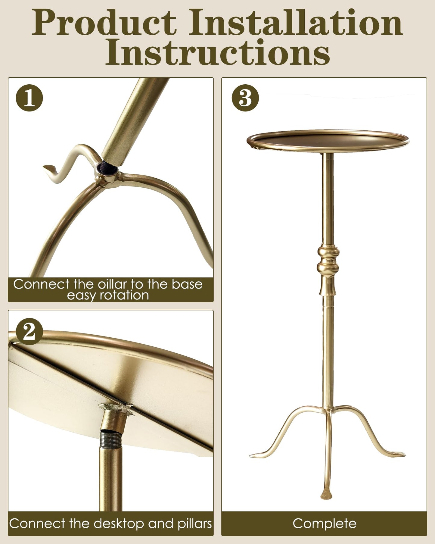 AEPOALUA Brass Distressed Iron Round Pedestal End Table, 25 Inch Vintage Martini Cocktail Accent Table with Tray Top for Living Room, Bedroom (Gold)