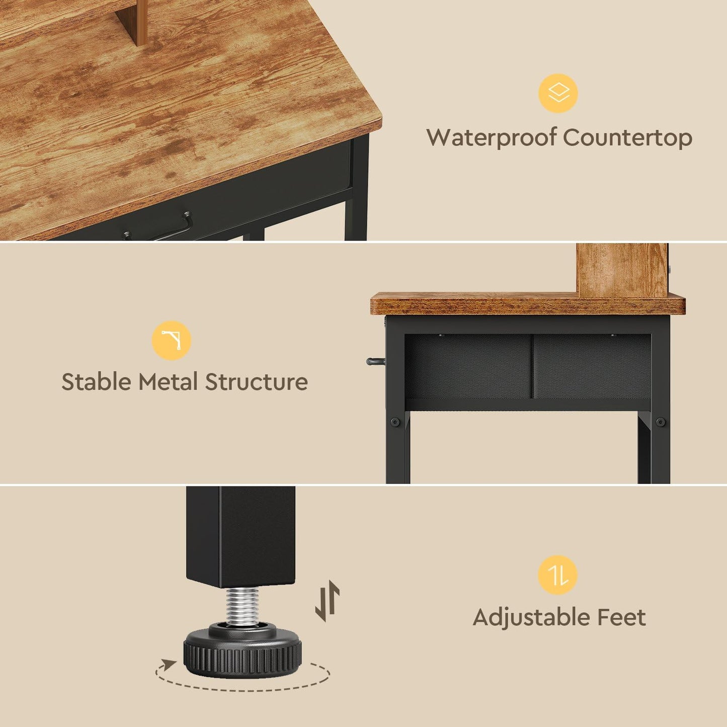 YeTom Vanity Desk with Mirror and Lights, Makeup Vanity Desk with 4 Fabric Drawers & Storage Shelvs & Chair, 3 Color Modes & Adjustable Brightness, Rustic Brown Vanity, Vanity Set, Bedroom Furniture