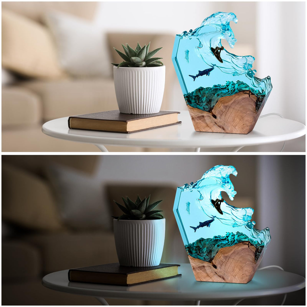 dcvbny Resin LED Ocean Surfing Night Lights,Handmade Wooden Epoxy Resin Bedside Table Lamp,3D Art Ornaments Office Bedroom Room Party Decor for Surfer Men Women Boys Girls (10-inch Surfing)
