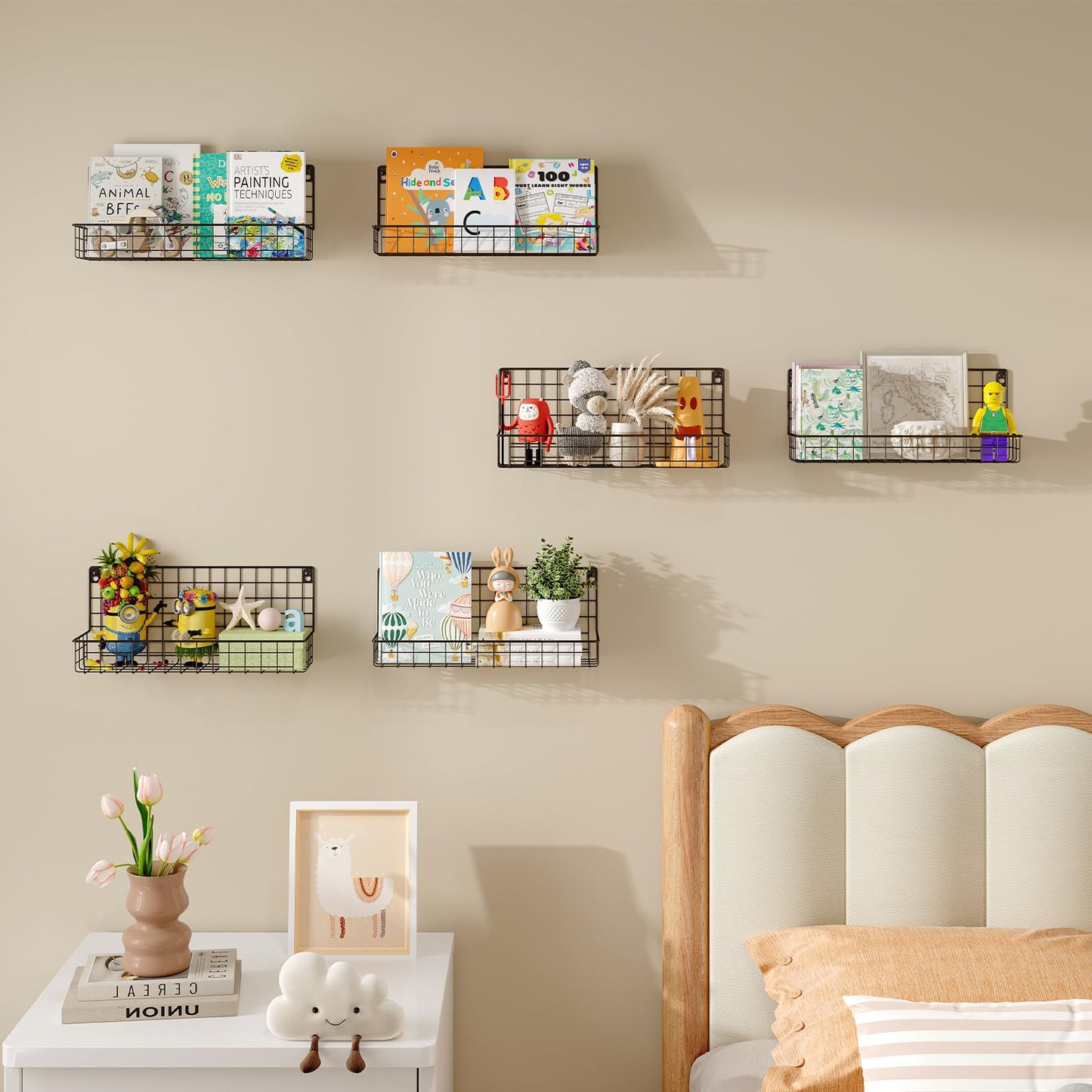 X-cosrack Floating Book Shelves for Wall Kids Bookshelf,Metal Hanging Wall Mounted Shelf for Nursery Toddler, Kids Room, Classroom,Set of 6,Black,2 Sizes