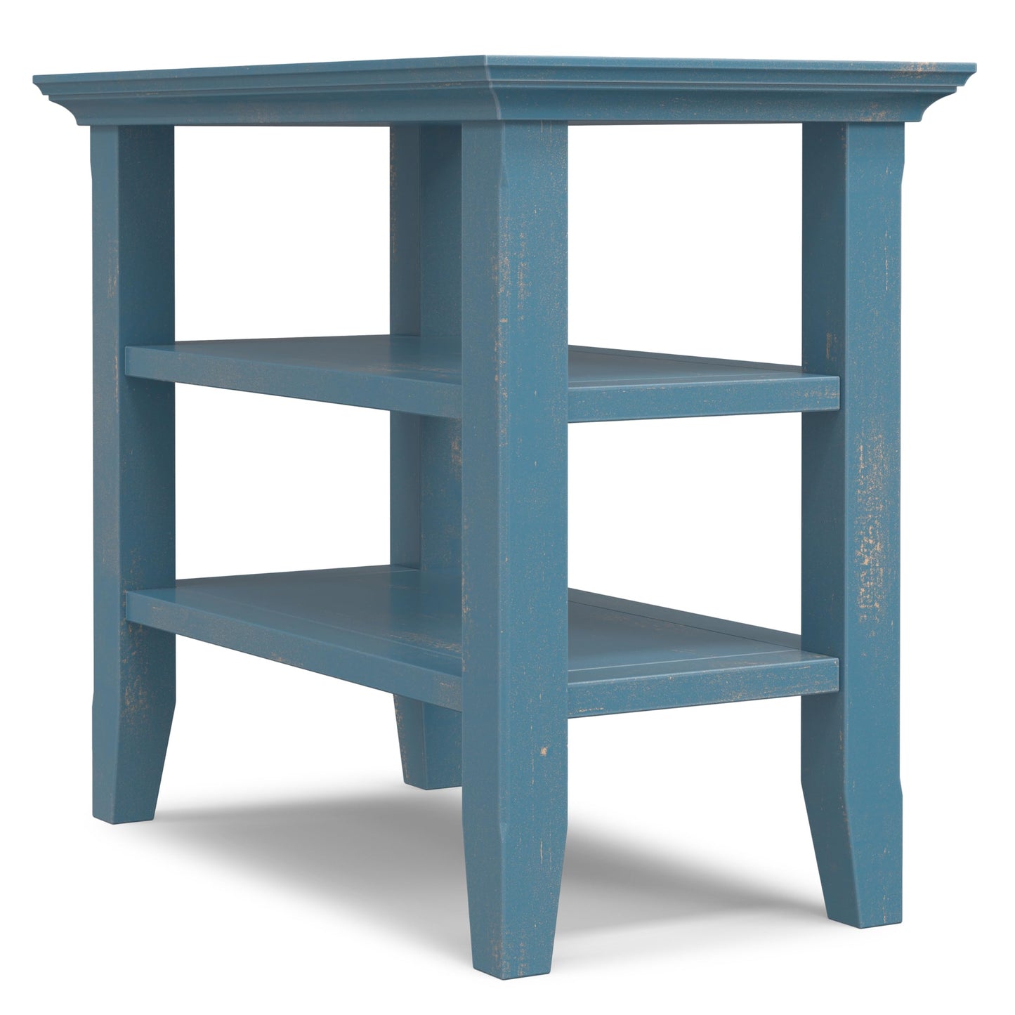 SIMPLIHOME Acadian Narrow Side Table - 14 inch Wide Solid Wood Rectangular End Table with 2 Open Shelves in Distressed Coastal Blue, Transitional Lamp Stand or Nightstand for Living Room or Bedroom