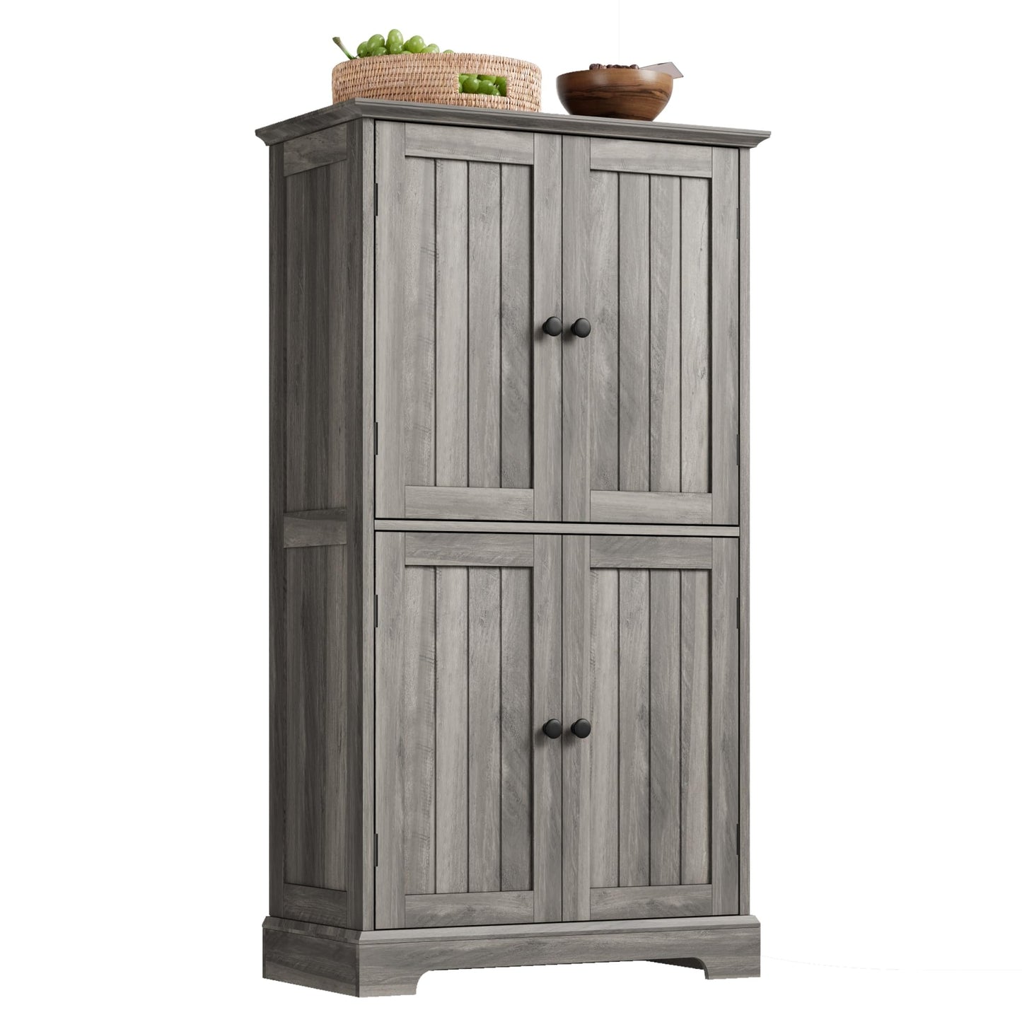 ChooChoo Bathroom Floor Cabinet, Farmhouse Bathroom Storage Cabinet with 4 Doors and Adjustable Shelves, Pantry Cabinet for Living Room, Kitchen, Retro Grey