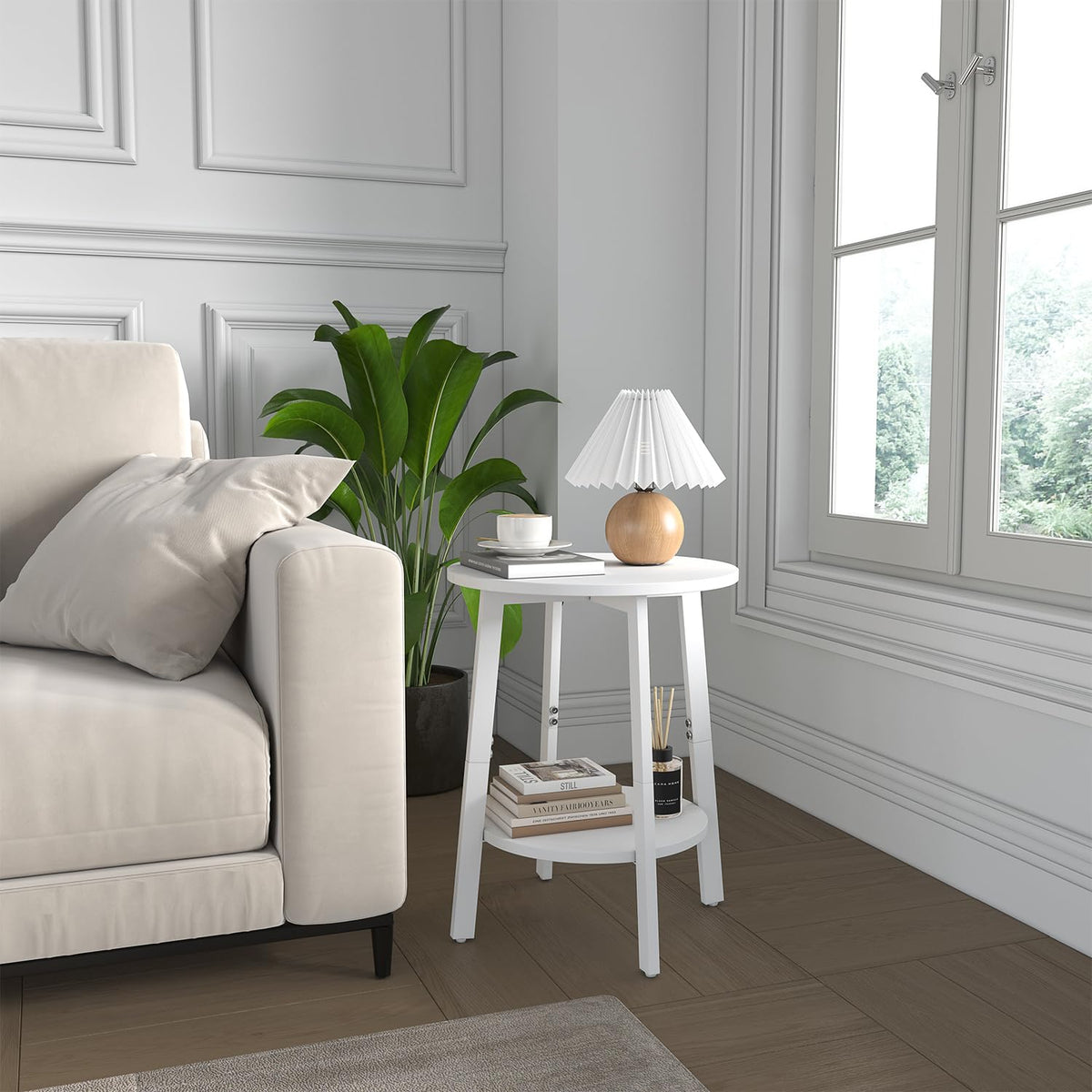sthmec Side Table, Small Round End Table with Storage Shelf for Small Space, 2-Tier Bedside Table Sofa Couch Table, Round Accent Table Nighstands for Living Room, Bedroom,White