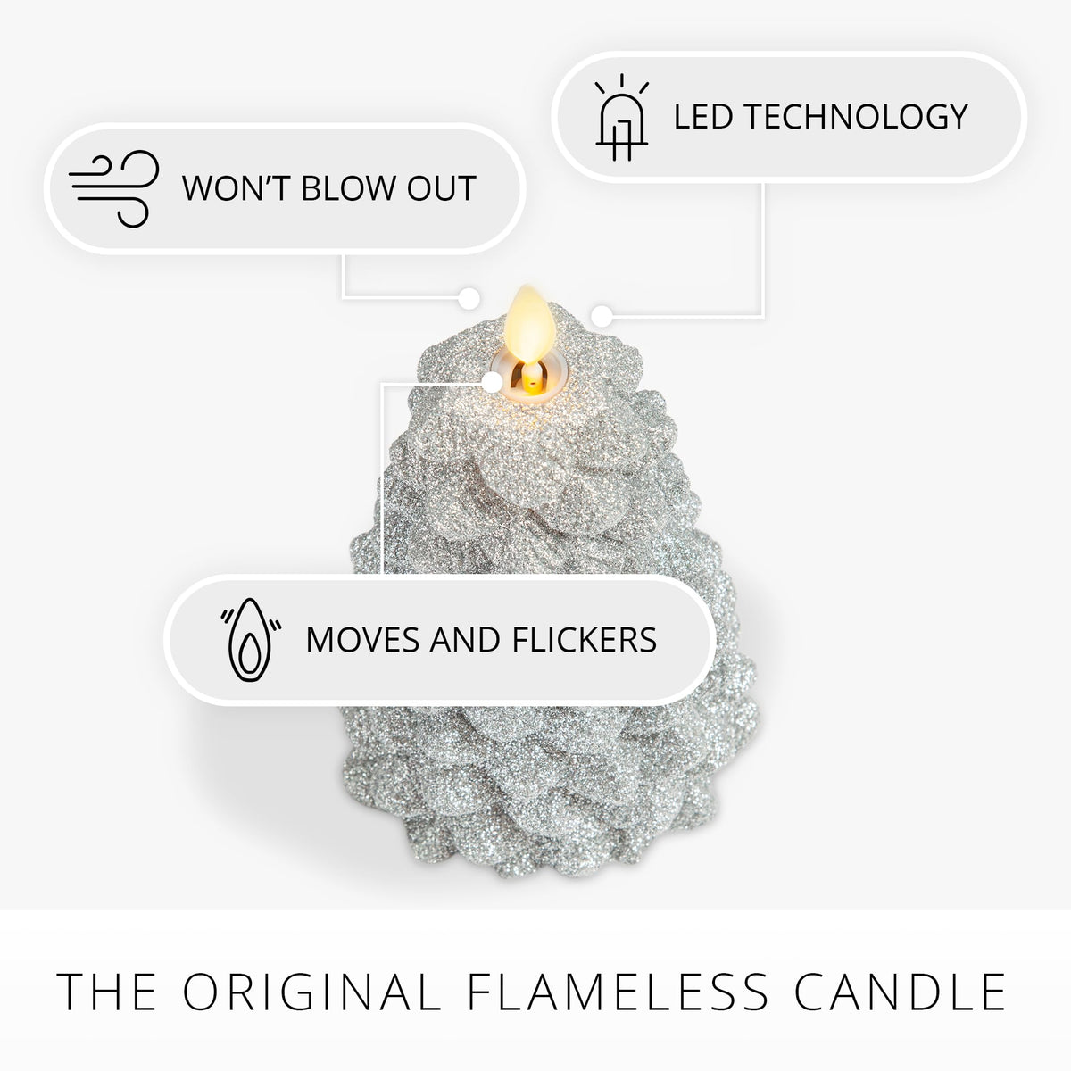 Luminara Brilliant Silver Glitter Flameless LED Candle North Tree Moving Flame Pillar (3.8" x 6")