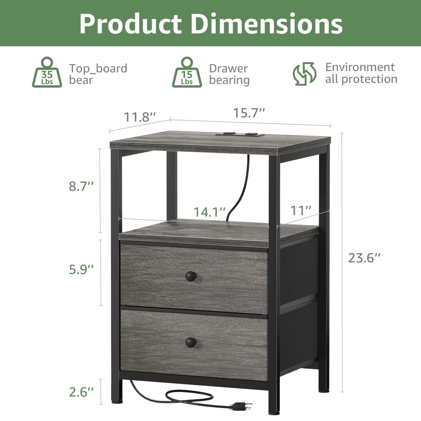 BOLUO Gray Nightstand with Charging Station, LED Night Stand with 2 Fabric Drawers, Bedside Table with USB Ports and Outlets, Nightstand for Bedroom Modern