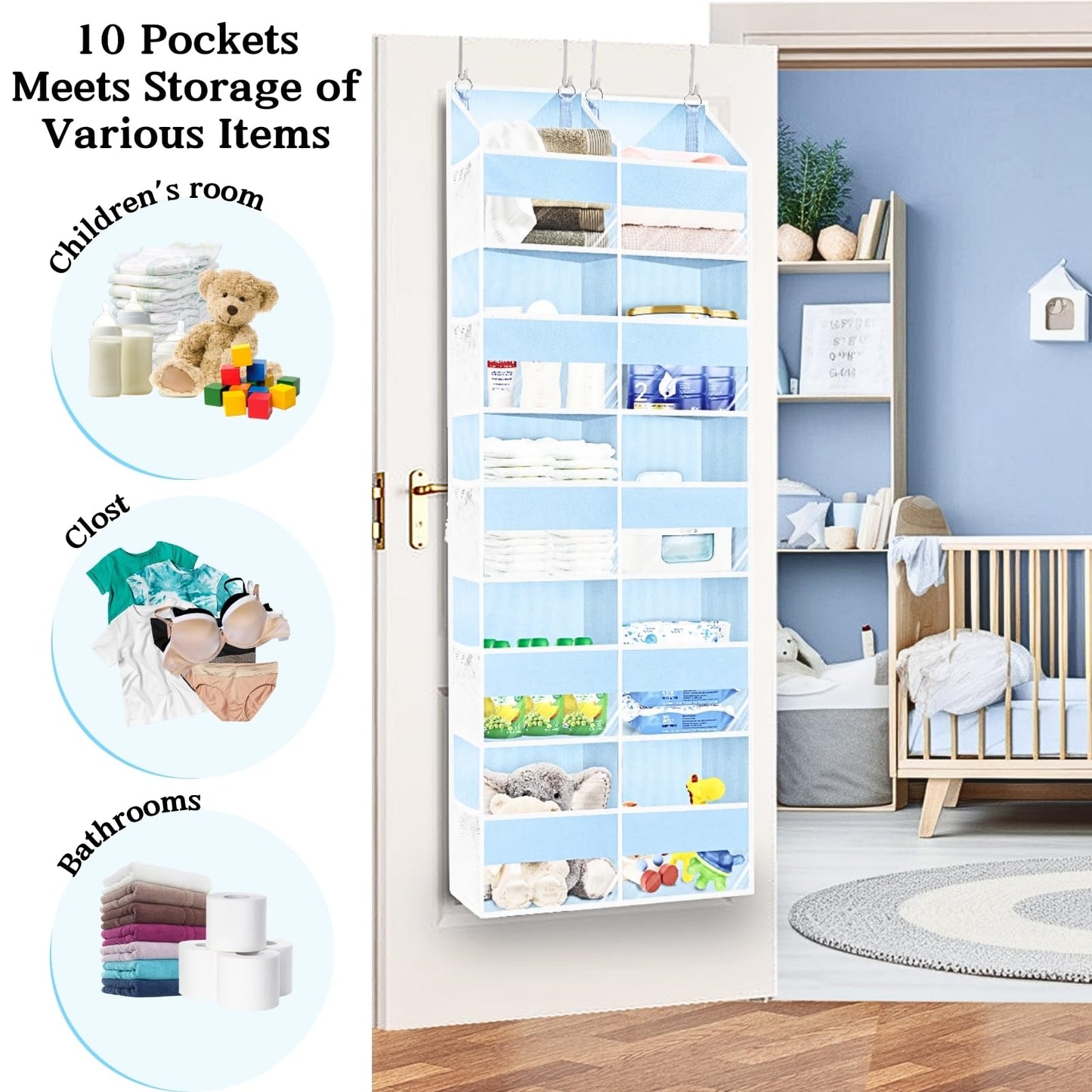 Blue Over the Door Organizer 5 Tiers, Extra Large Behind Door Storage of 10 Compartments, 80 lbs Weight Capacity Hanging Storage Organizer with Clear Window Kids Toys, Shoes, Diapers, Room storage