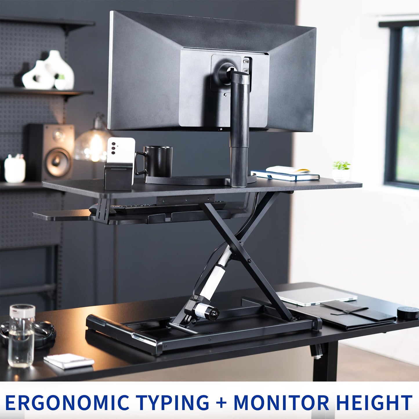 VIVO 42 inch Electric Motor Desk Converter, Height Adjustable Riser, Sit to Stand Dual Monitor and Laptop Workstation with Wide Keyboard Tray, Black, DESK-VE42B