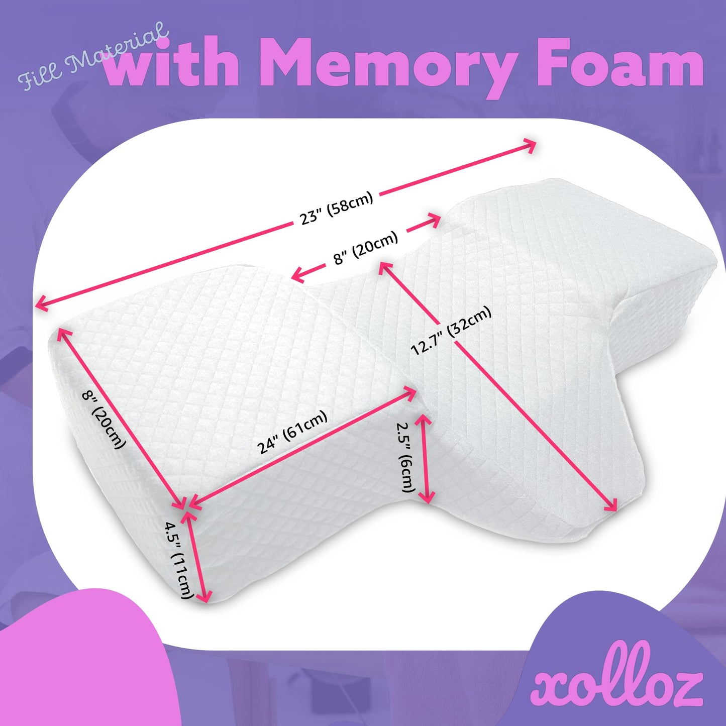 XOLLOZ Lash Pillow for Eyelash Extensions - Curved Memory Foam Bed Pillow, Ergonomic Head Rest with Neck Support, Side Pockets for Tools, Fits Lash Beds Tech – White