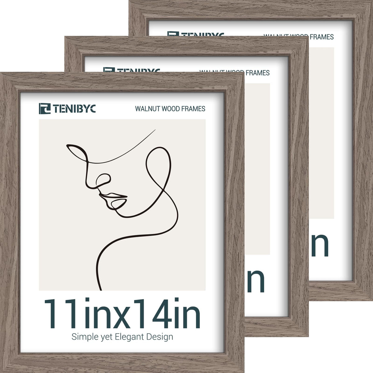TENIBYC 11x14 Walnut Picture Frame 3 Pack with HD Glass - Natural Brown, Solid Wood Poster Frame, Wall Gallery Frame