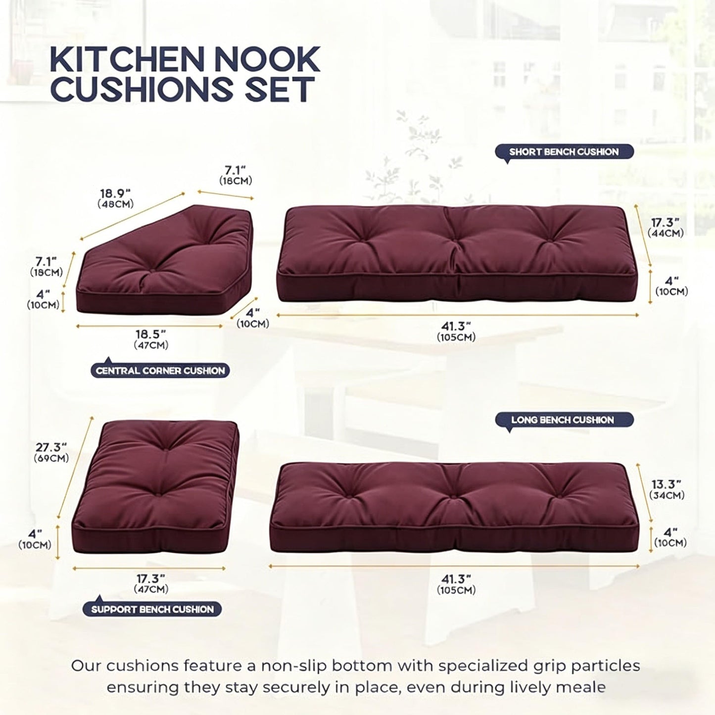 CTLAMK Breakfast Nook Cushions Set of 4, Waterproof Oxford Fabric Kitchen Nooks Cushions, Soft Polyester Filling Cozy Supportive Nooks Cushion, Breakfast Nook Cushion Cozy Dining Area Seating,Red