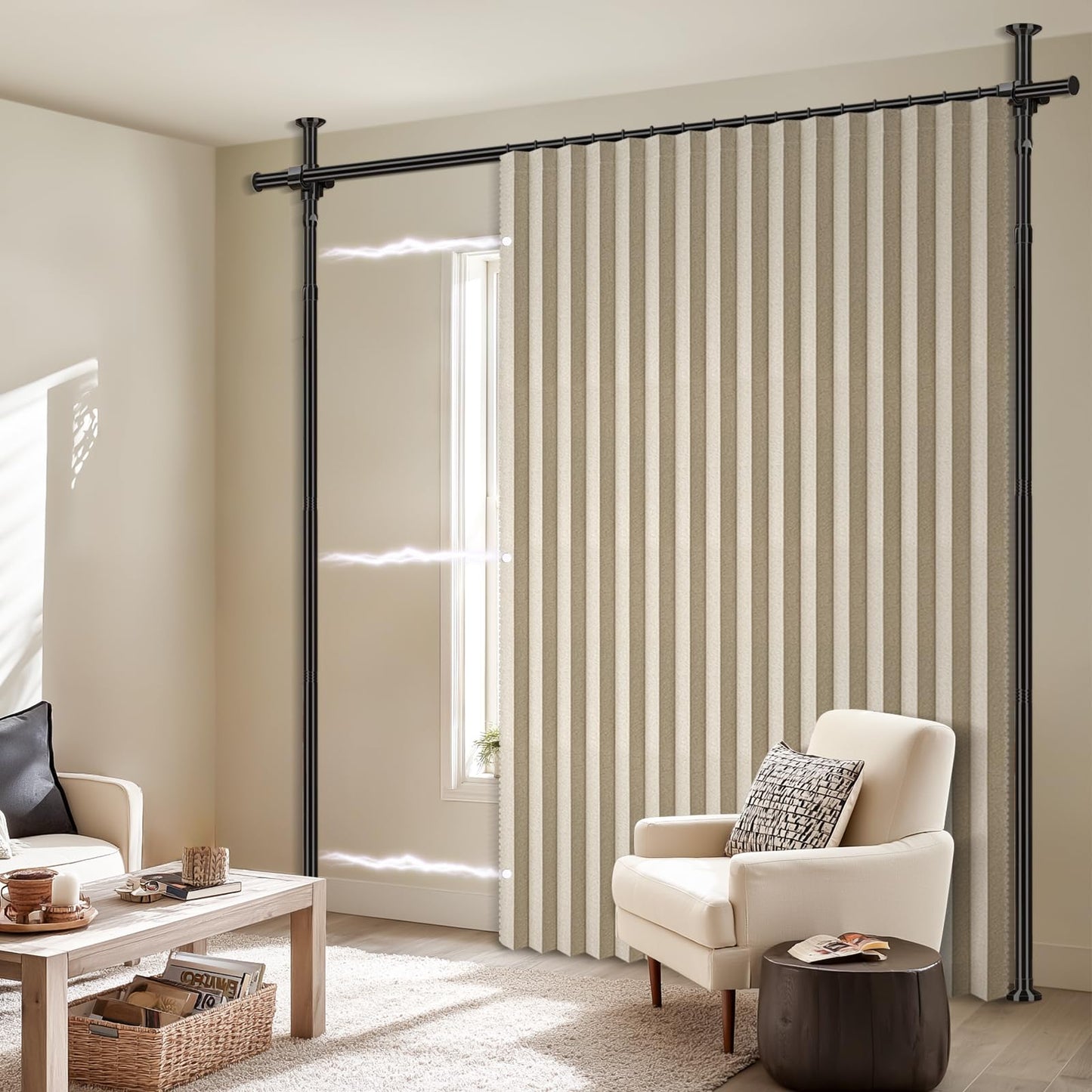100% Blackout Room Divider Curtains Sets Beige W100 x L84 in,1 Panel Curtain Rods No Drilling Adjustable Tension (H) 43-120×(W) 35-100 in Room Wall Divider for Apartment/Dorm