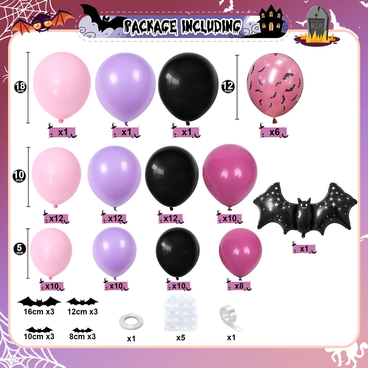 Halloween Balloon Arch Kit 102Pcs Hot Pink Purple Black Balloon Garland with Halloween Bat Foil Rose Red Balloons for Trick or Treat Day of the Dead Spooky Boo Ghost Haunted House Party Decorations