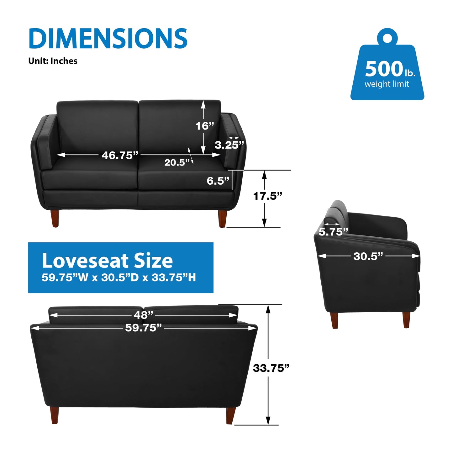 Office Star Products Lounge Seating with Cherry Finish Wood Legs, Coil Spring Seat, Black Faux Leather, Loveseat