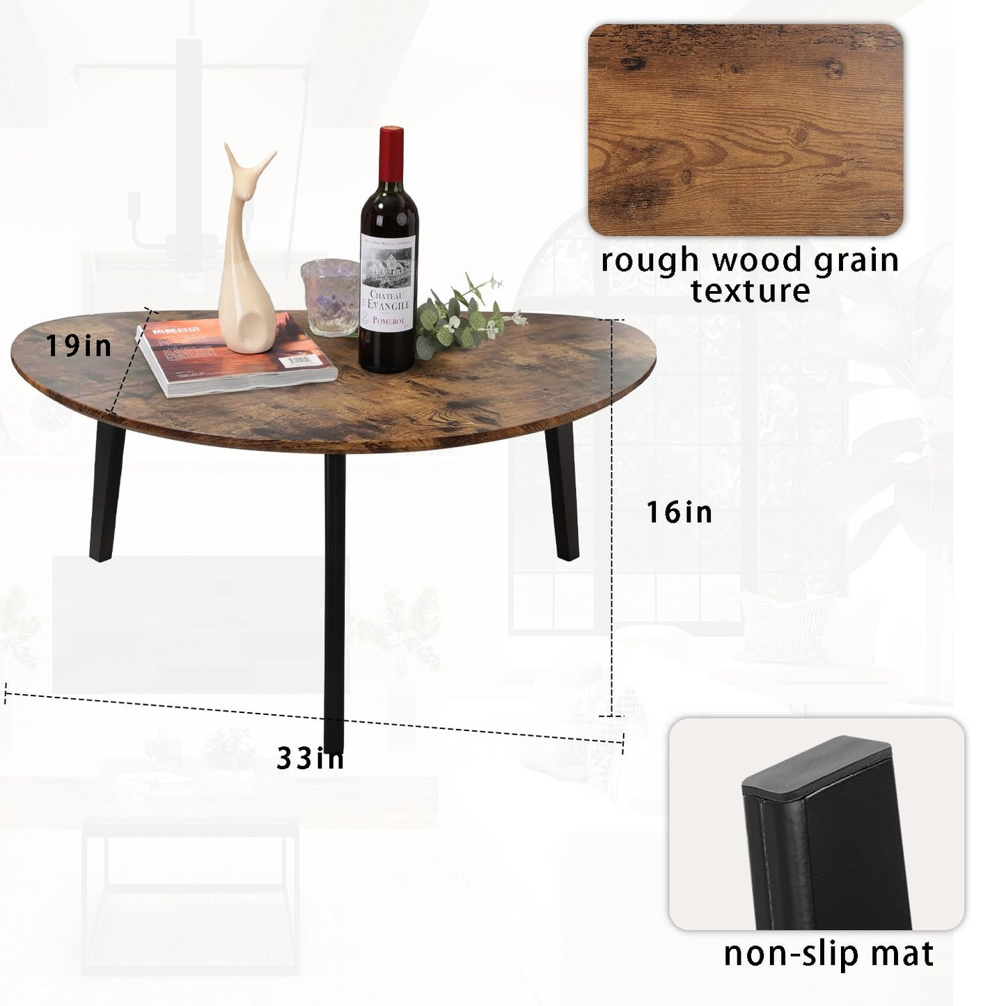 Large Oval Coffee Table Espresso Wood Mid Century Modern Unique Retro Farmhouse - Contemporary Triangle Small Table for Living Room, Bedroom Bedside Table and Office 19" D x 34" W x 16" H