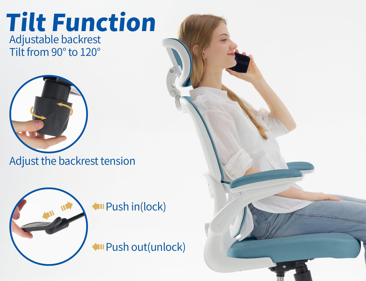 TRALT Ergonomic Office Chair - Desk Chair with Adjustable Headrest Lumbar Support Computer Chair - Mesh Comfy Chair with Flip-up Armrests - Gaming Chairs for Adults Home Office (PU Leather, Blue)