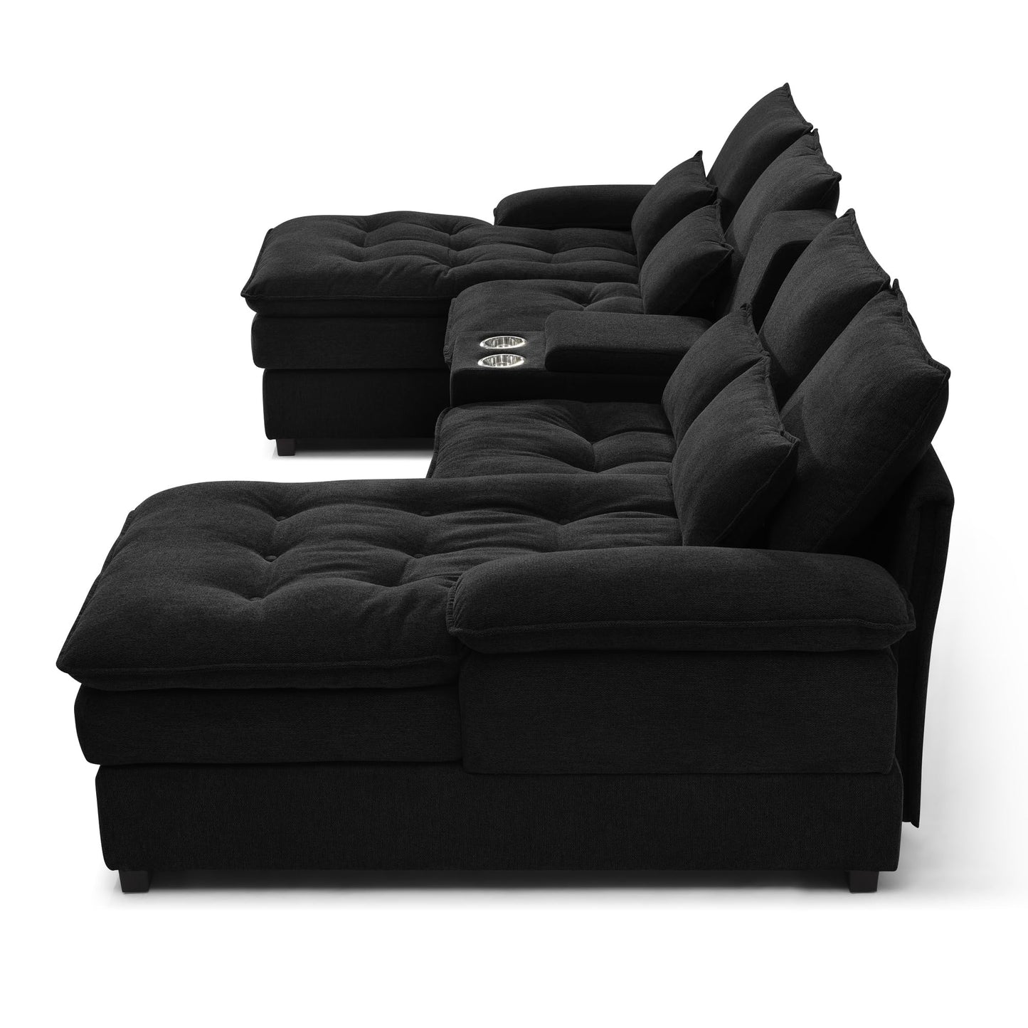 KEIKI U-Shaped 6 seat Sofa with Storage Console, Cup Holders, 130" Upholstered Sectional Sofa, Button Tufted Cloud Cushion Couch for Home, Office, Black
